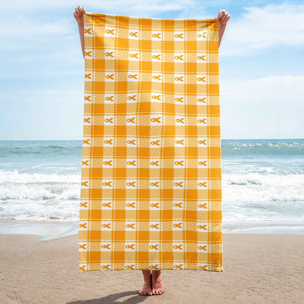 Beach Towel Kidney Cancer Awareness Plaid, Orange Ribbon, Supportive Gift - Scottish Squares