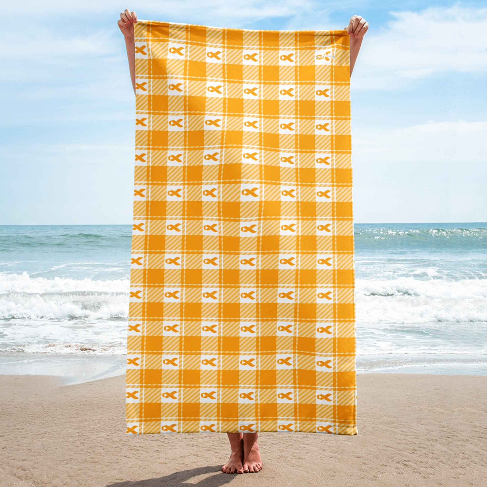 Beach Towel Kidney Cancer Awareness Plaid, Orange Ribbon, Supportive Gift - Scottish Squares