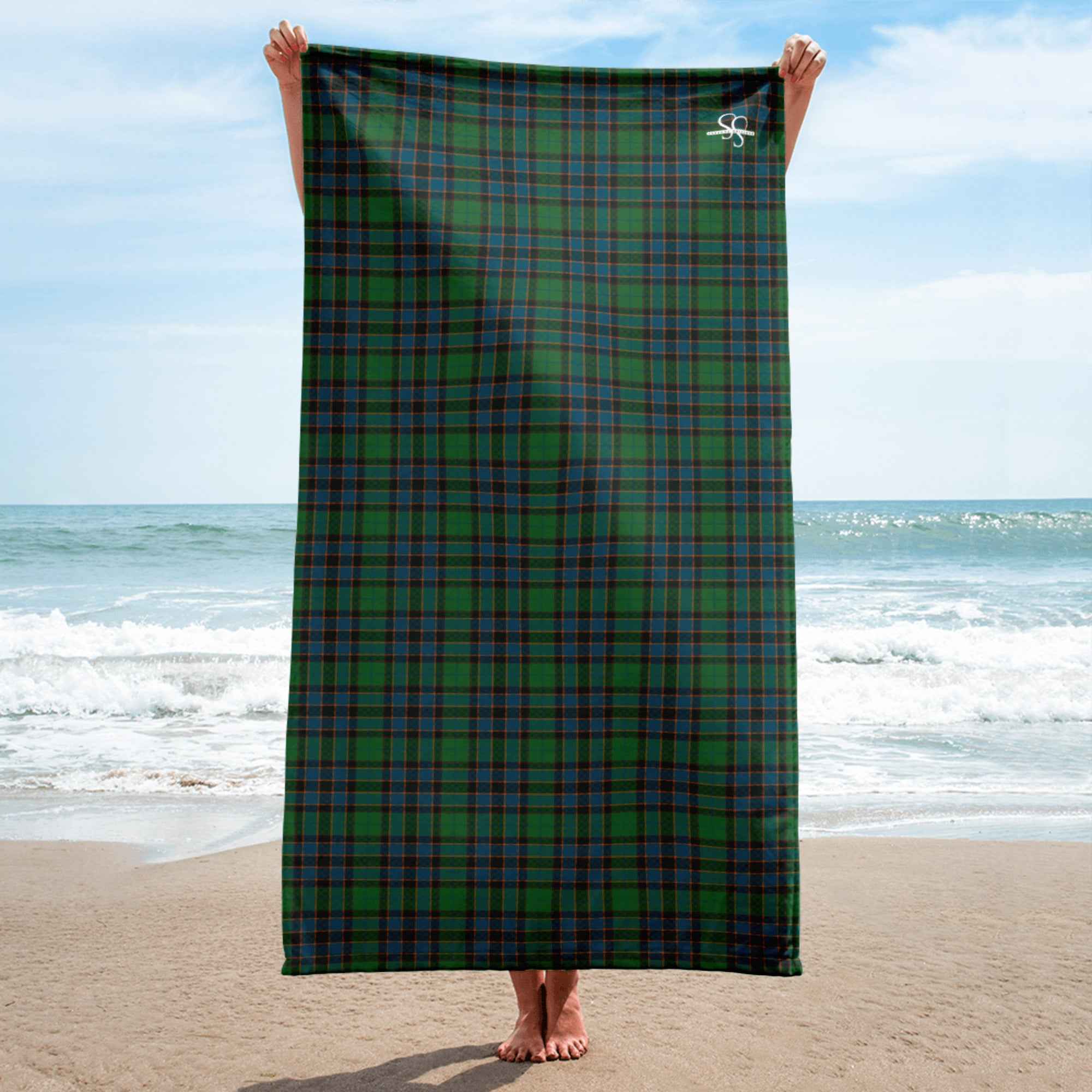 Beach Towel Green Blue Orange Plaid Tartan