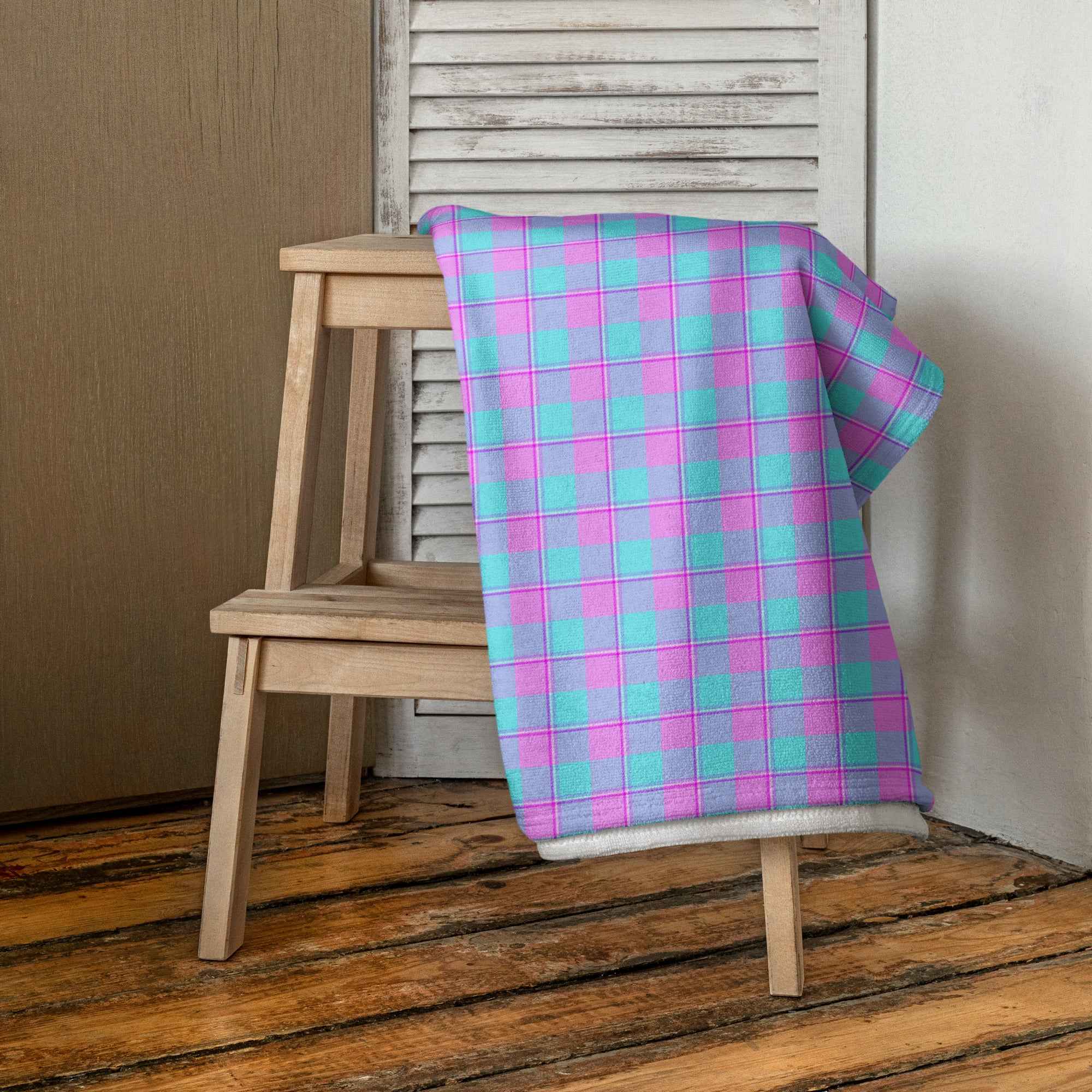 Mauve and Coastal Mist Plaid Beach Towel - Scottish Squares