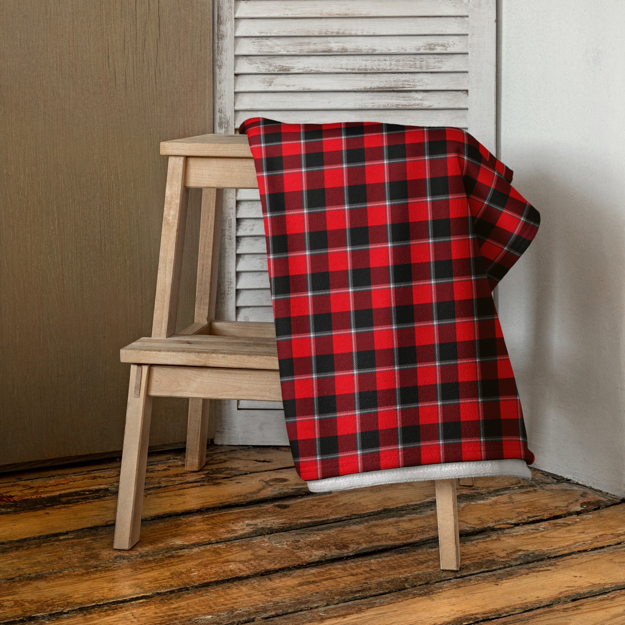 Red Ribbon and Heavy Metal Plaid Beach Towel - Scottish Squares