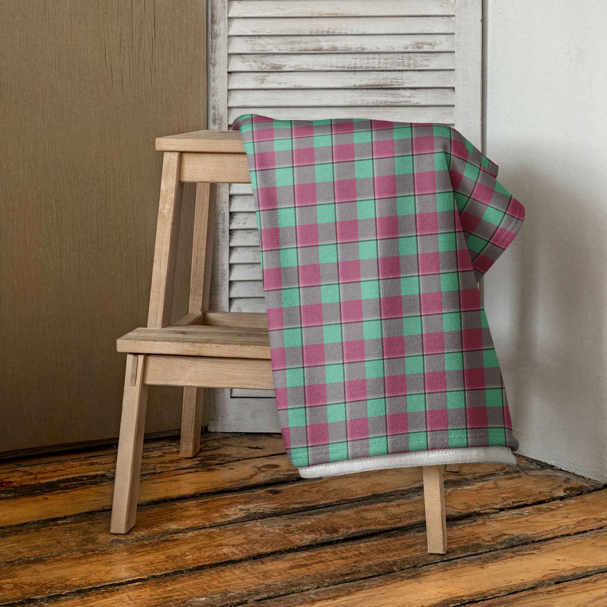 Vista Blue and Turkish Rose Plaid Beach Towel - Scottish Squares