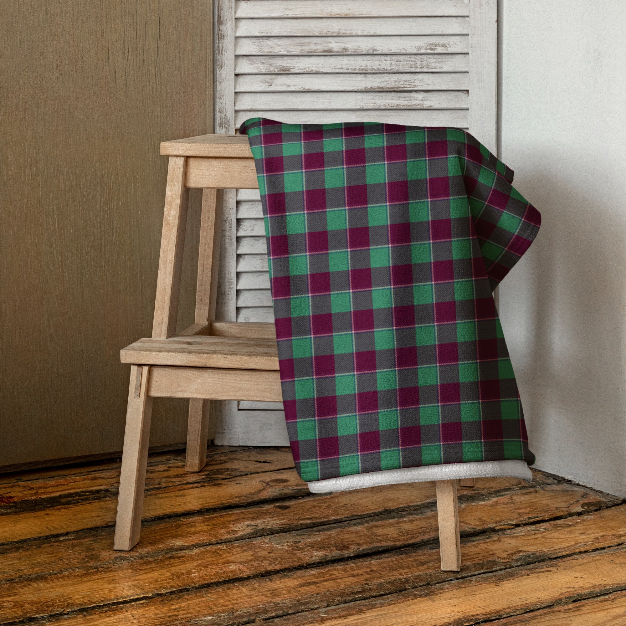 Ocean Green and Mulberry Wood Plaid Beach Towel - Scottish Squares