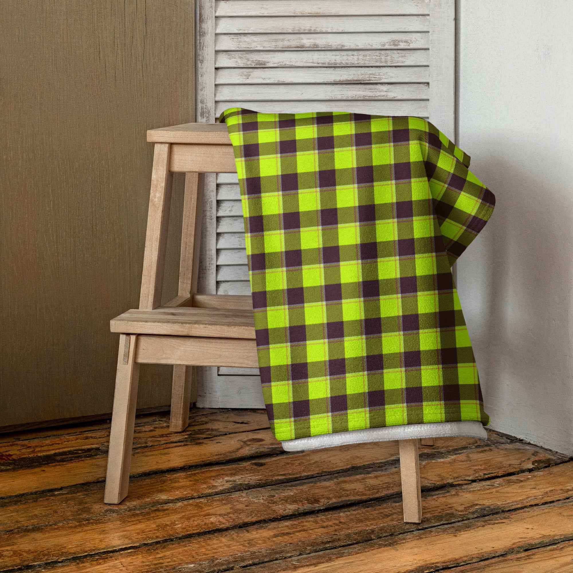 Electric Lime and Livid Brown Plaid Beach Towel - Scottish Squares