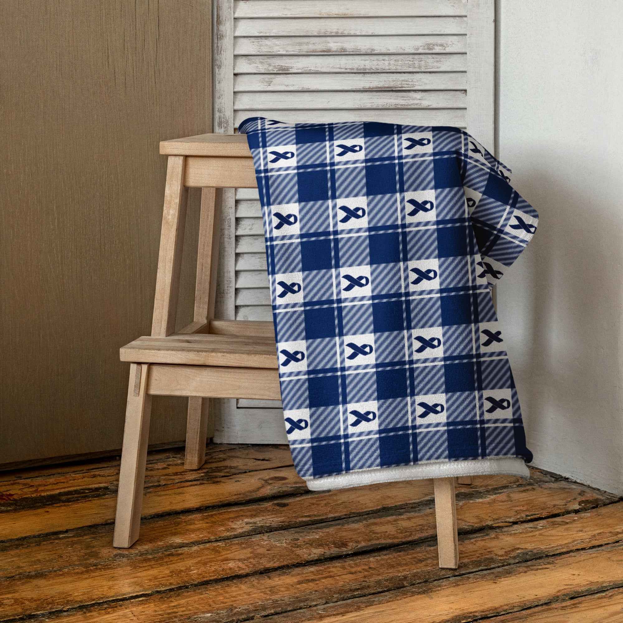 Beach Towel Colorectal Cancer Awareness Plaid, Dark Blue Ribbon, Supportive Gift - Scottish Squares