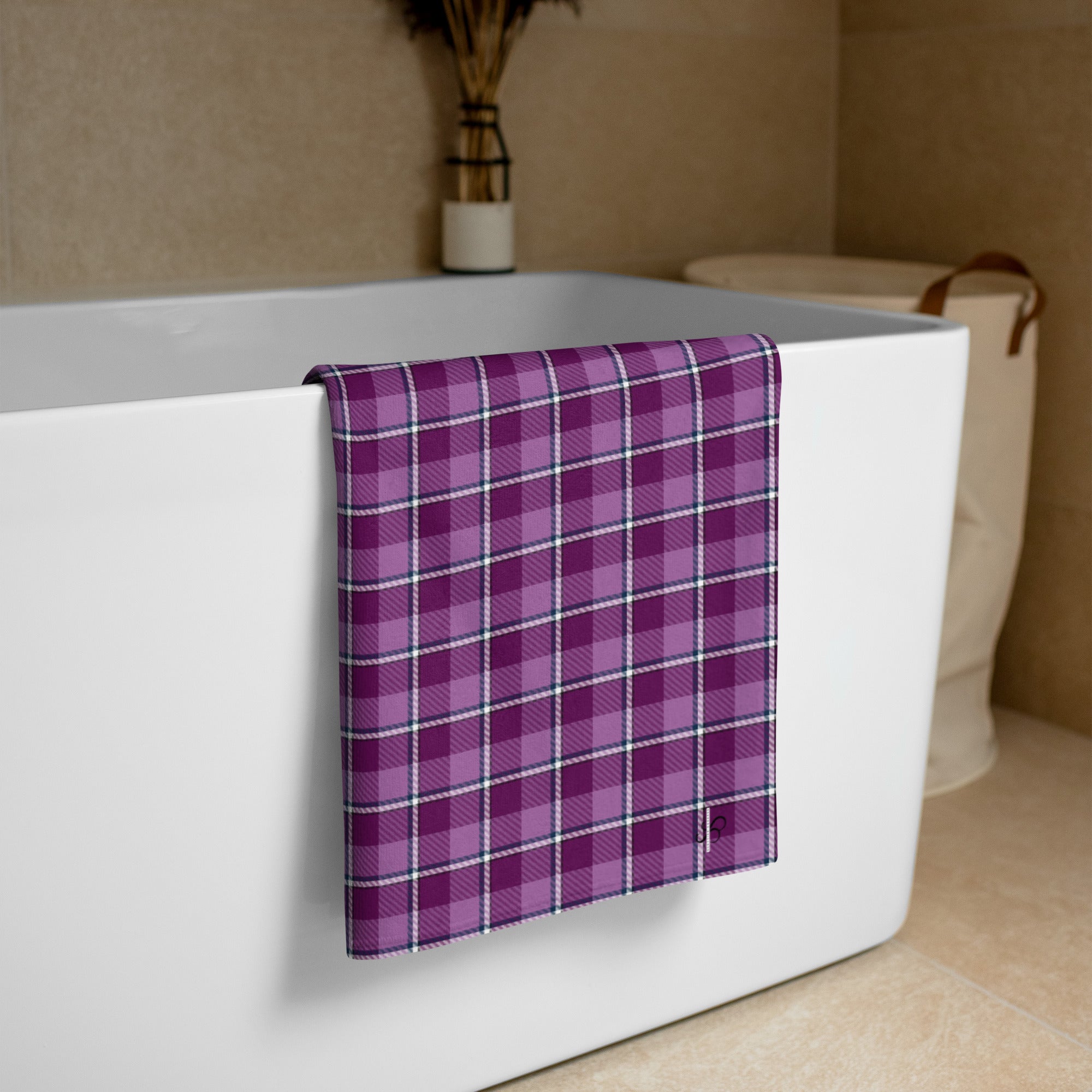 Purple and Trendy Pink Plaid Beach Towel - Scottish Squares