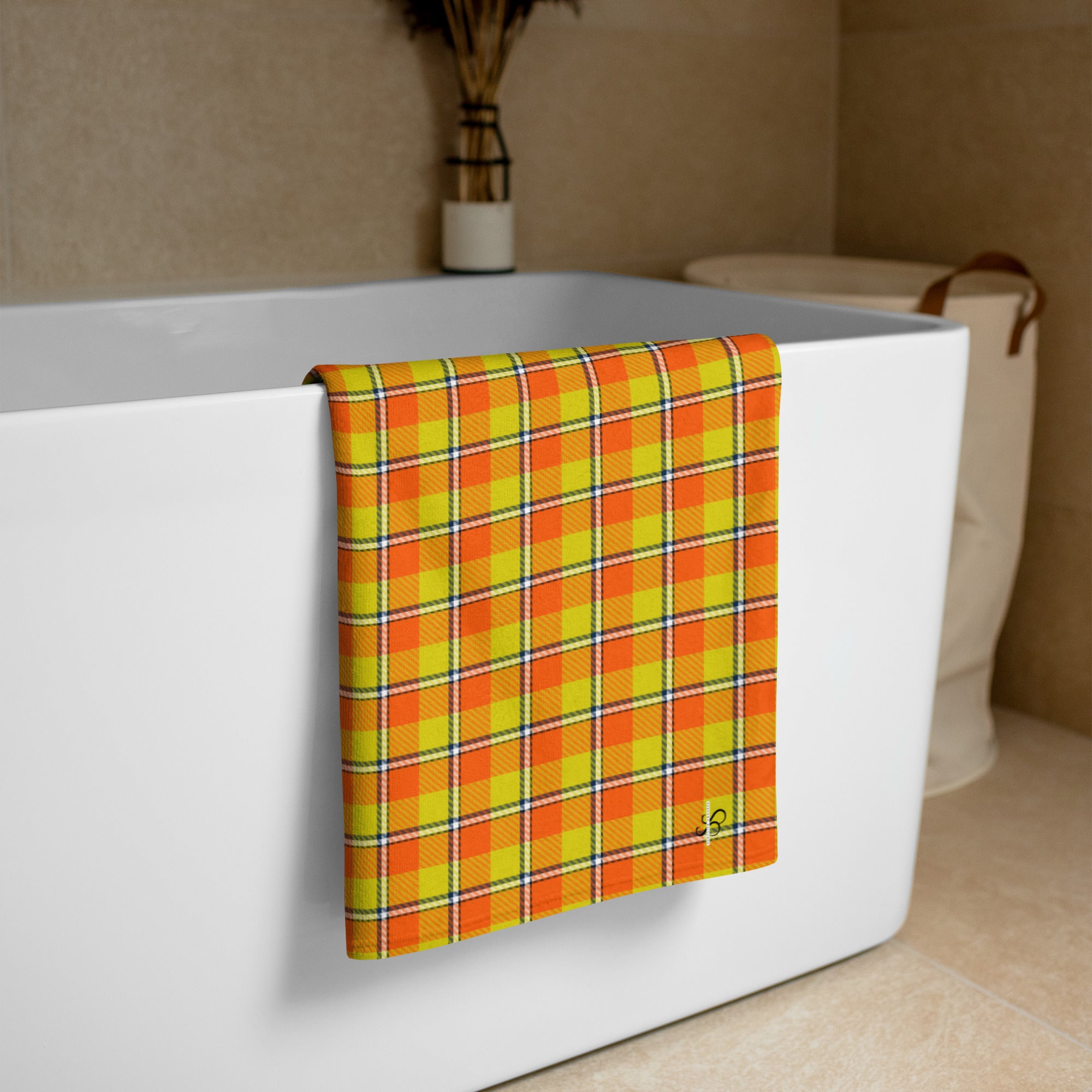 Blaze Orange and Bird Flower Plaid Beach Towel - Scottish Squares