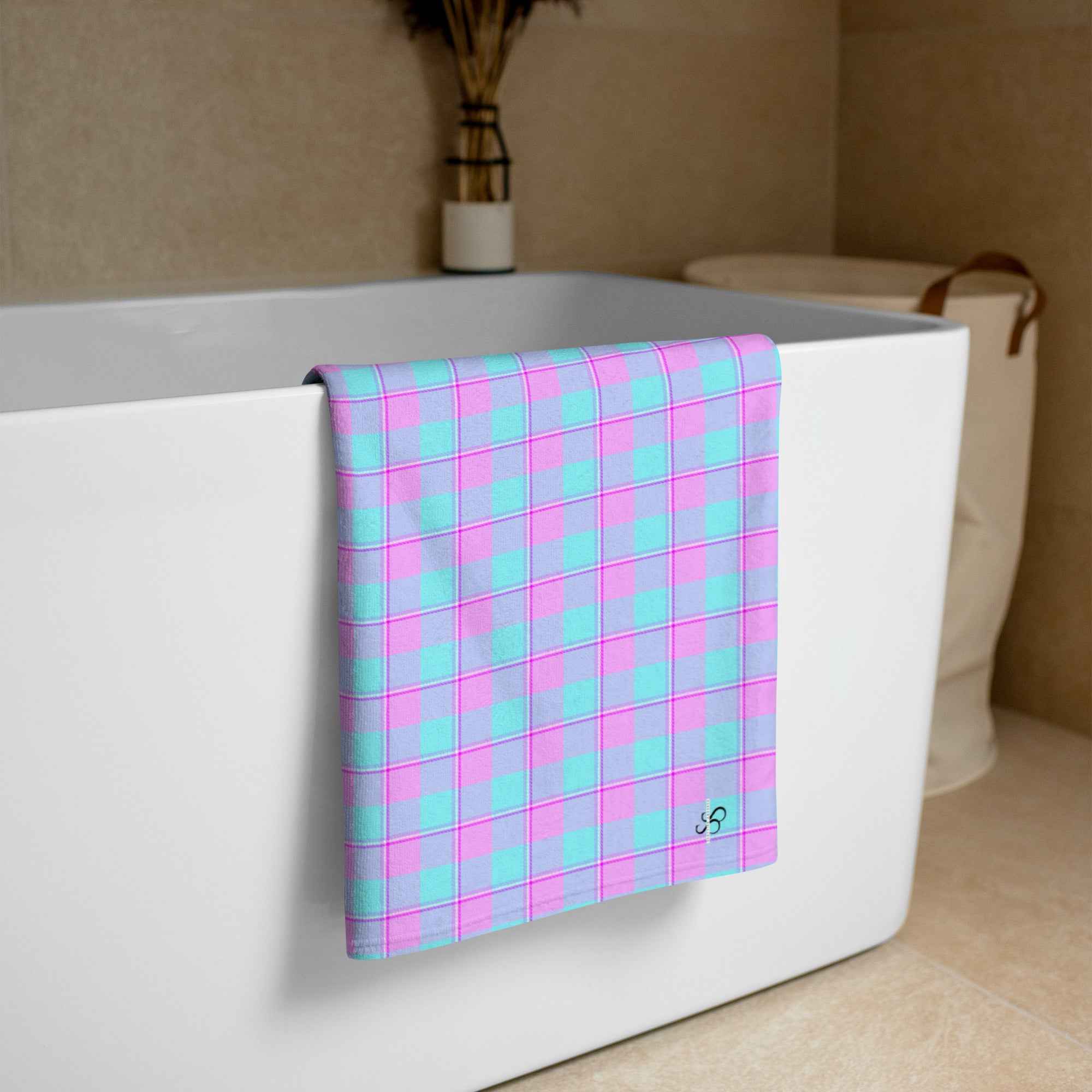 Mauve and Coastal Mist Plaid Beach Towel - Scottish Squares