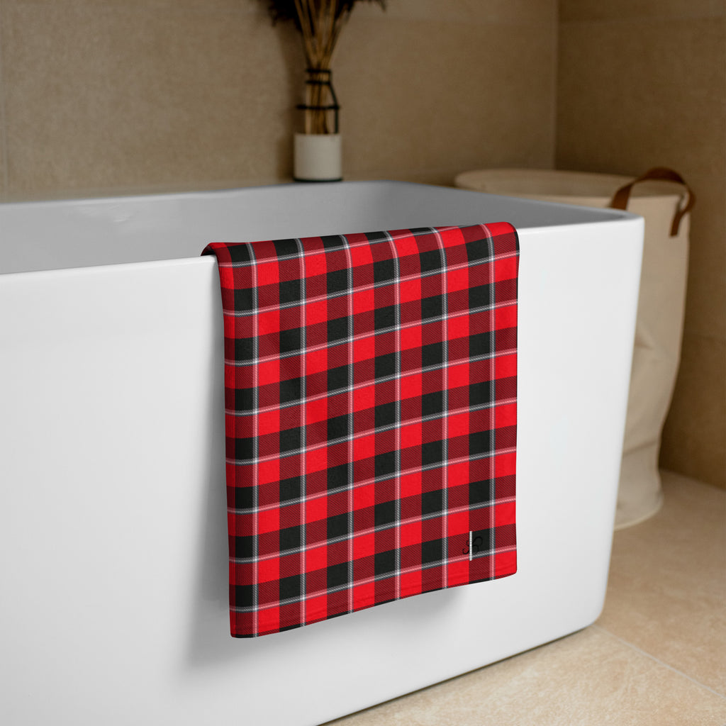 Red Ribbon and Heavy Metal Plaid Beach Towel - Scottish Squares