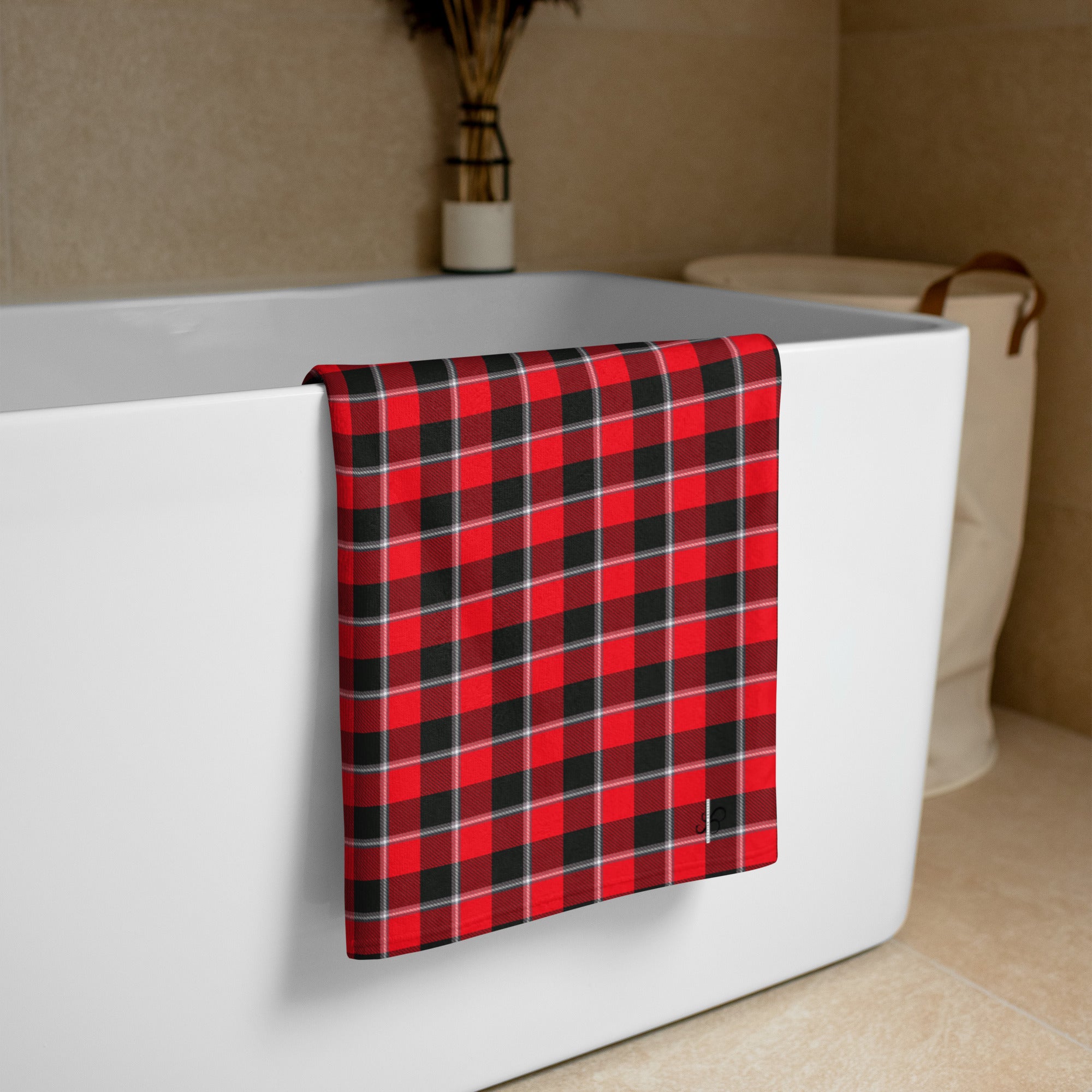 Red Ribbon and Heavy Metal Plaid Beach Towel - Scottish Squares