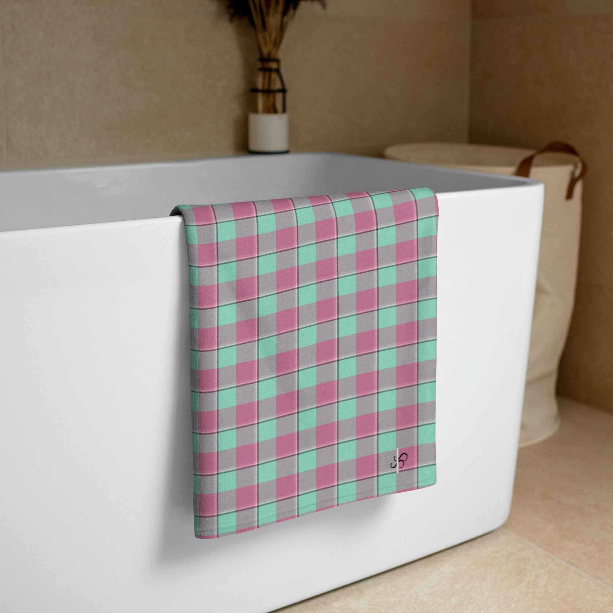 Vista Blue and Turkish Rose Plaid Beach Towel - Scottish Squares