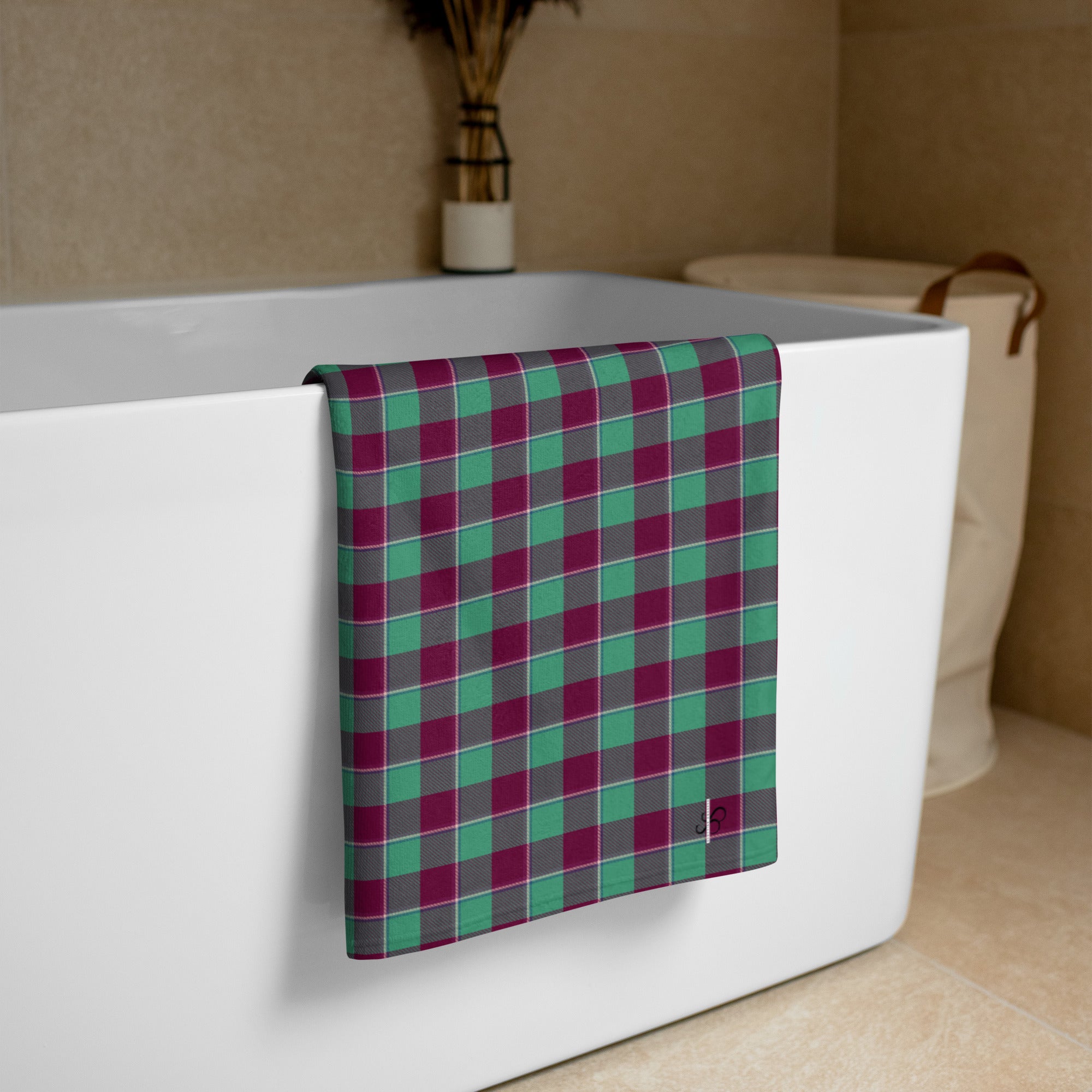 Ocean Green and Mulberry Wood Plaid Beach Towel - Scottish Squares
