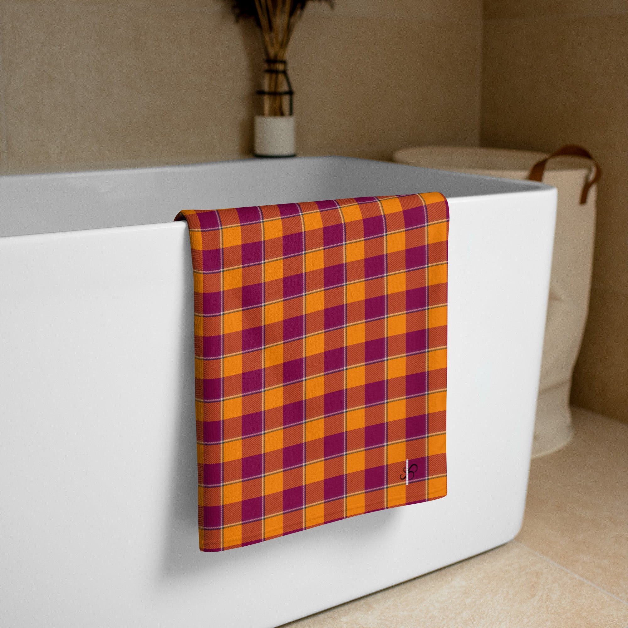 Tahiti Gold and Rose Bud Cherry Plaid Beach Towel - Scottish Squares
