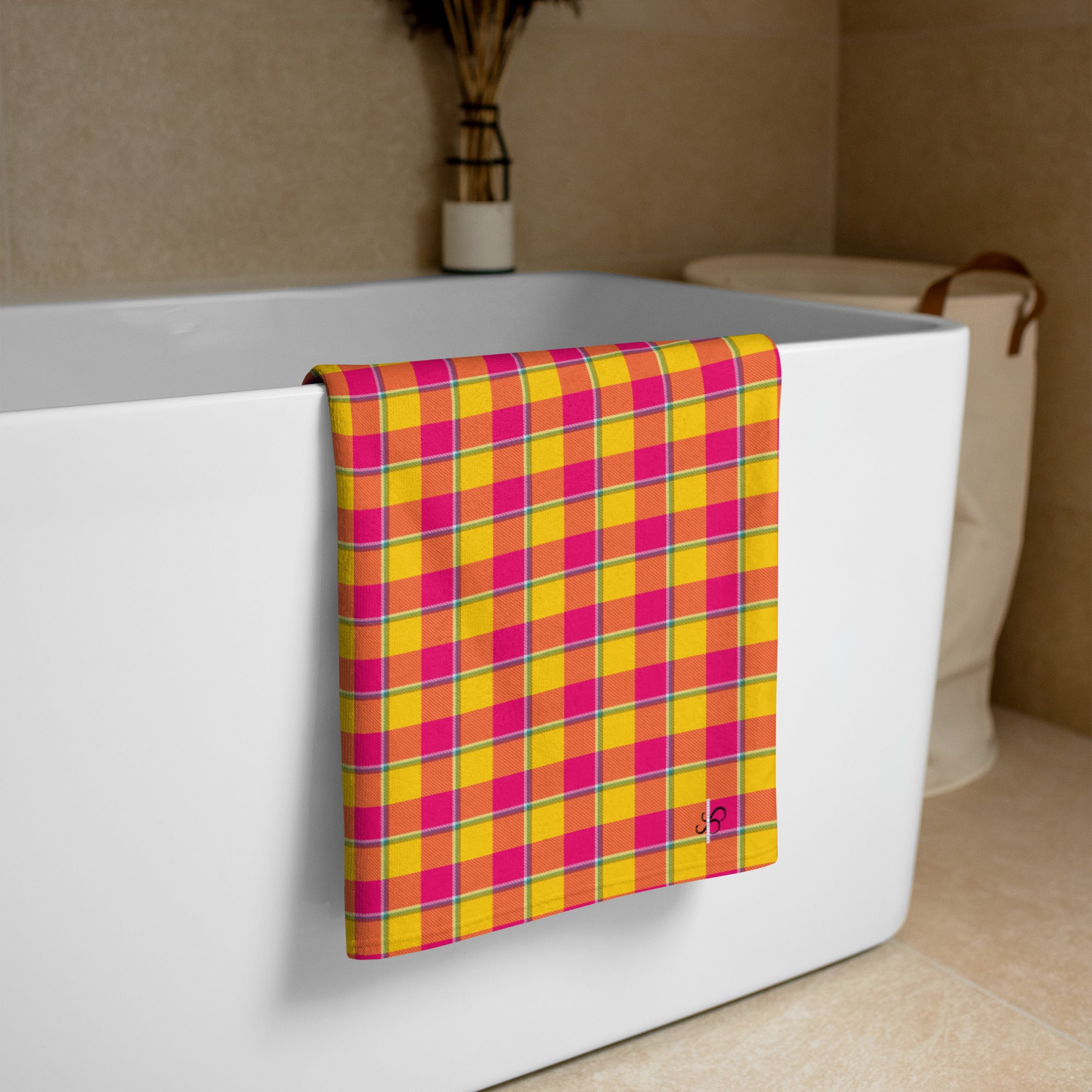 Corn and Razzmatazz Plaid Beach Towel - Scottish Squares
