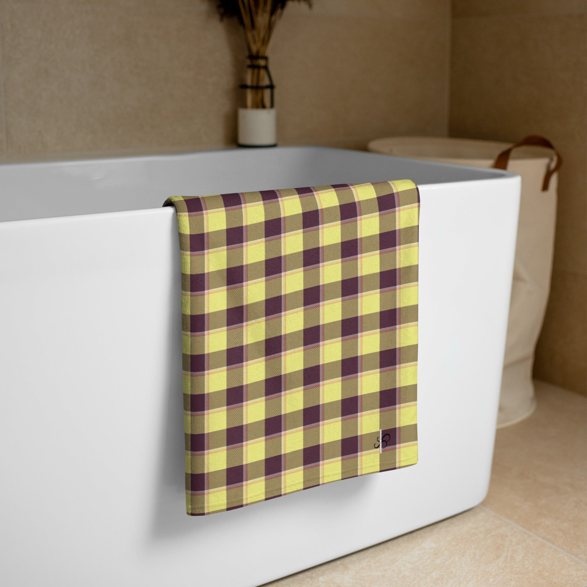 Flax and Livid Brown Plaid Beach Towel - Scottish Squares