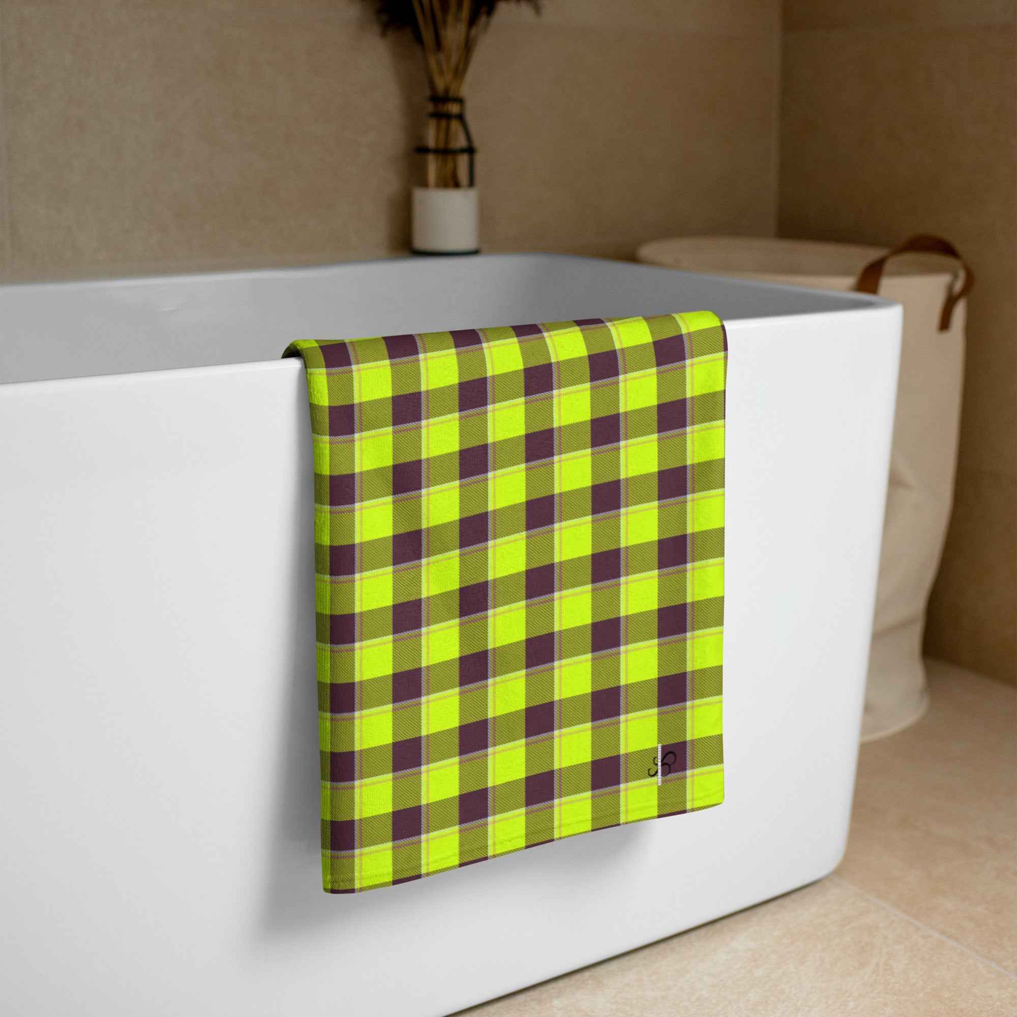 Electric Lime and Livid Brown Plaid Beach Towel - Scottish Squares