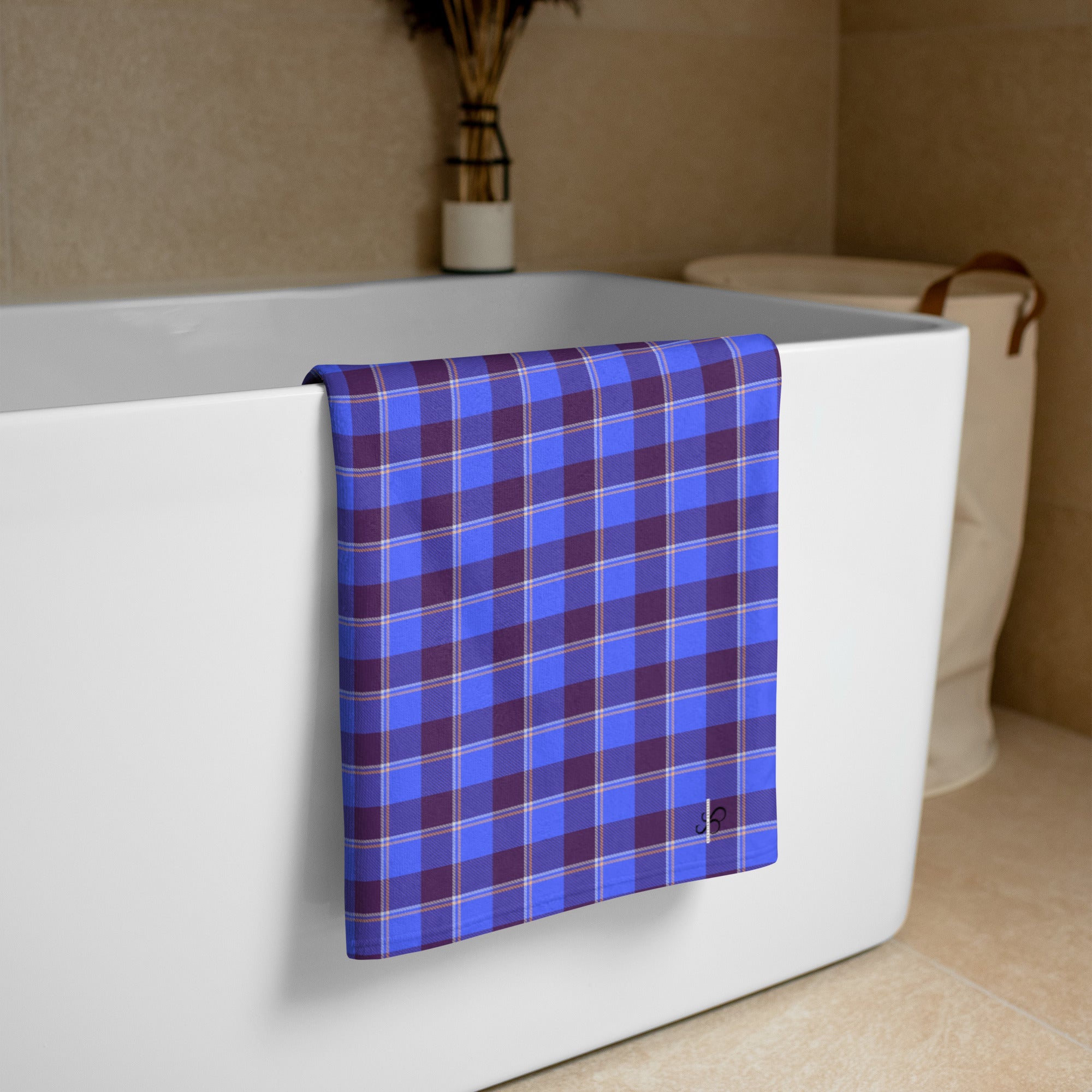 Cornflower Blue and Livid Brown Plaid Beach Towel - Scottish Squares