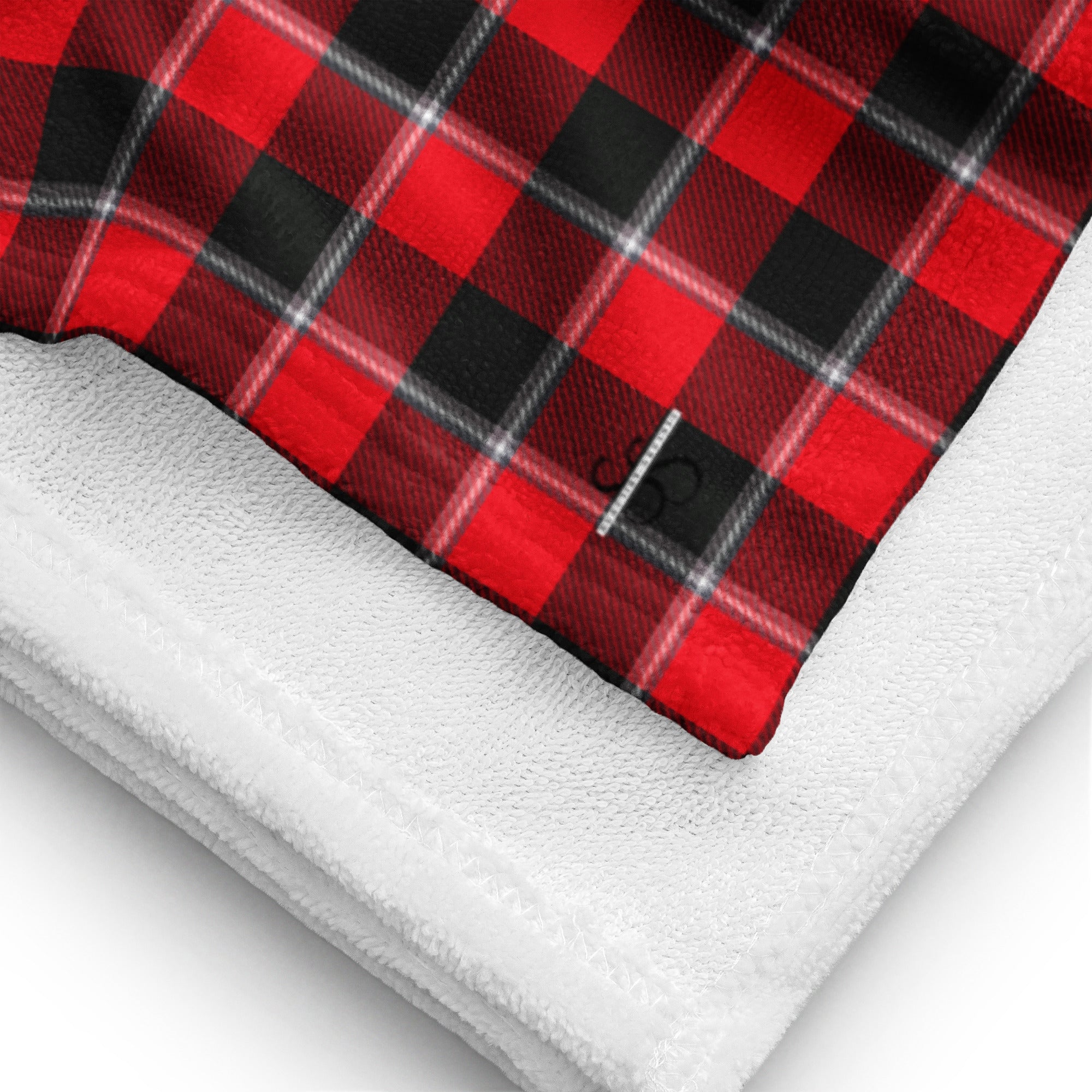 Red Ribbon and Heavy Metal Plaid Beach Towel - Scottish Squares