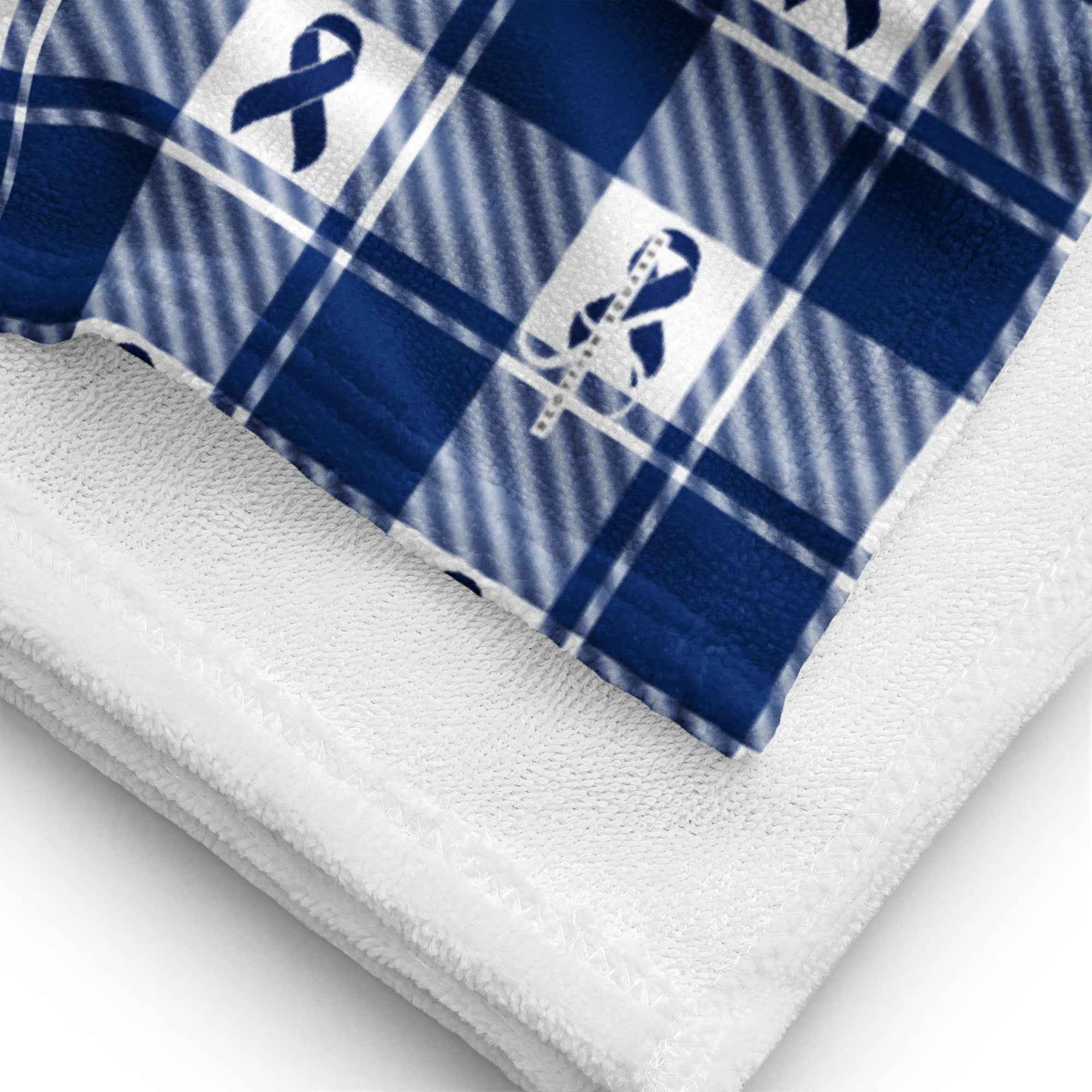 Beach Towel Colorectal Cancer Awareness Plaid, Dark Blue Ribbon, Supportive Gift - Scottish Squares
