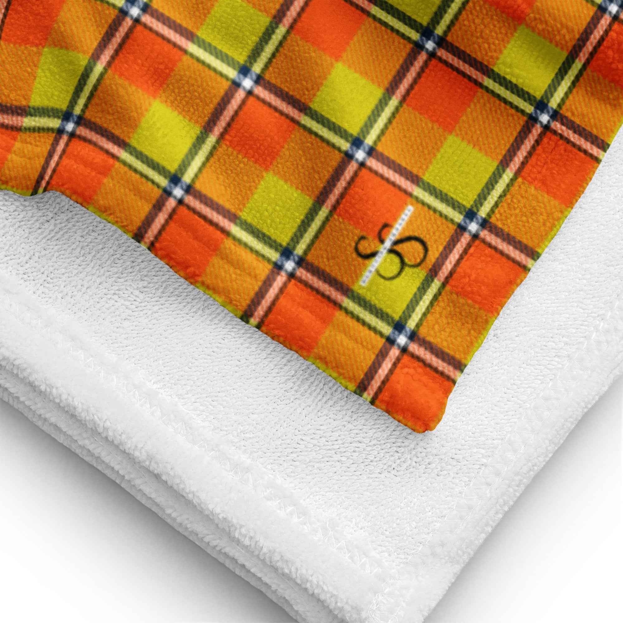 Blaze Orange and Bird Flower Plaid Beach Towel - Scottish Squares