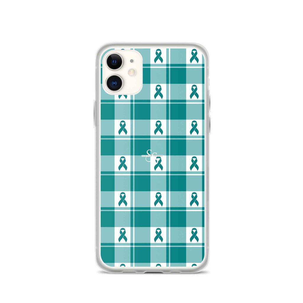 Clear Case for iPhone Cervical Cancer Awareness Plaid, Teal Ribbon, Supportive Gift - Scottish Squares