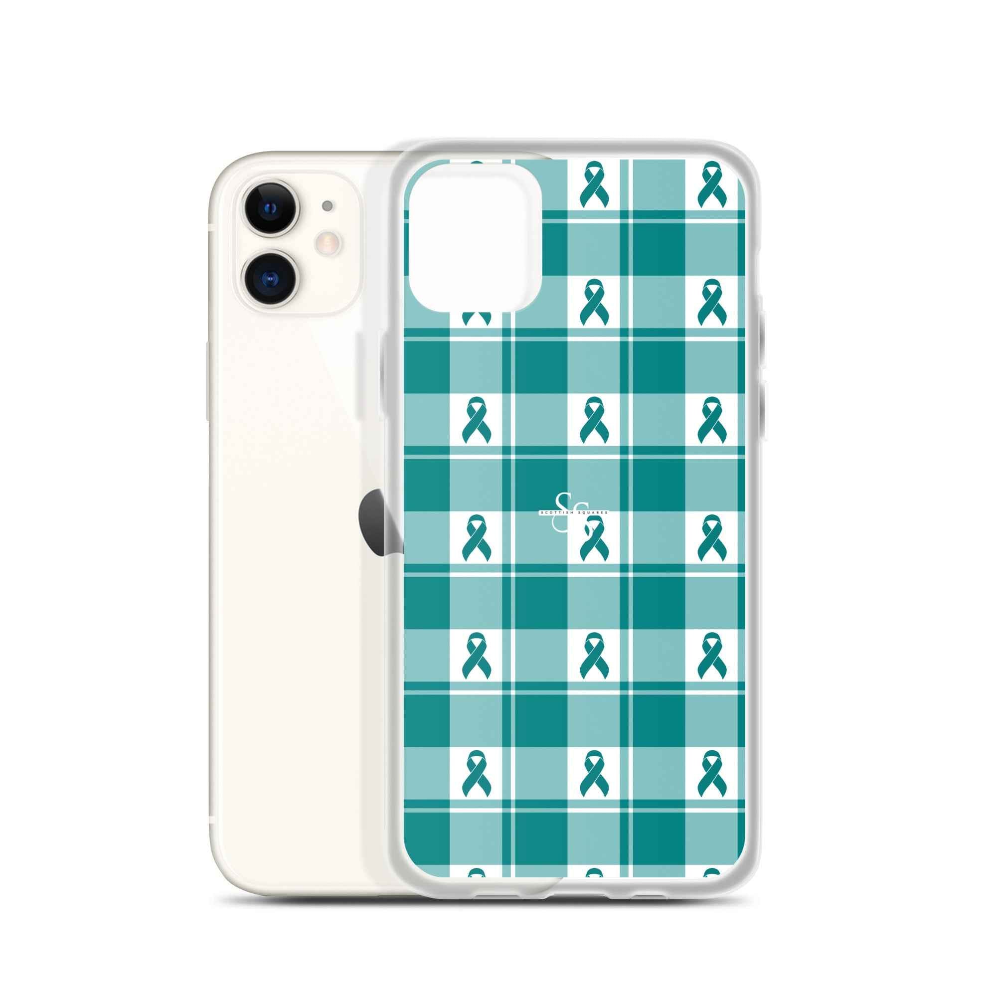 Clear Case for iPhone Cervical Cancer Awareness Plaid, Teal Ribbon, Supportive Gift iPhone 11 - Scottish Squares