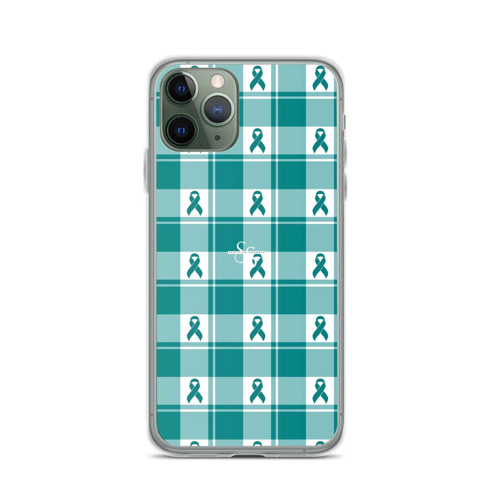Clear Case for iPhone Cervical Cancer Awareness Plaid, Teal Ribbon, Supportive Gift - Scottish Squares