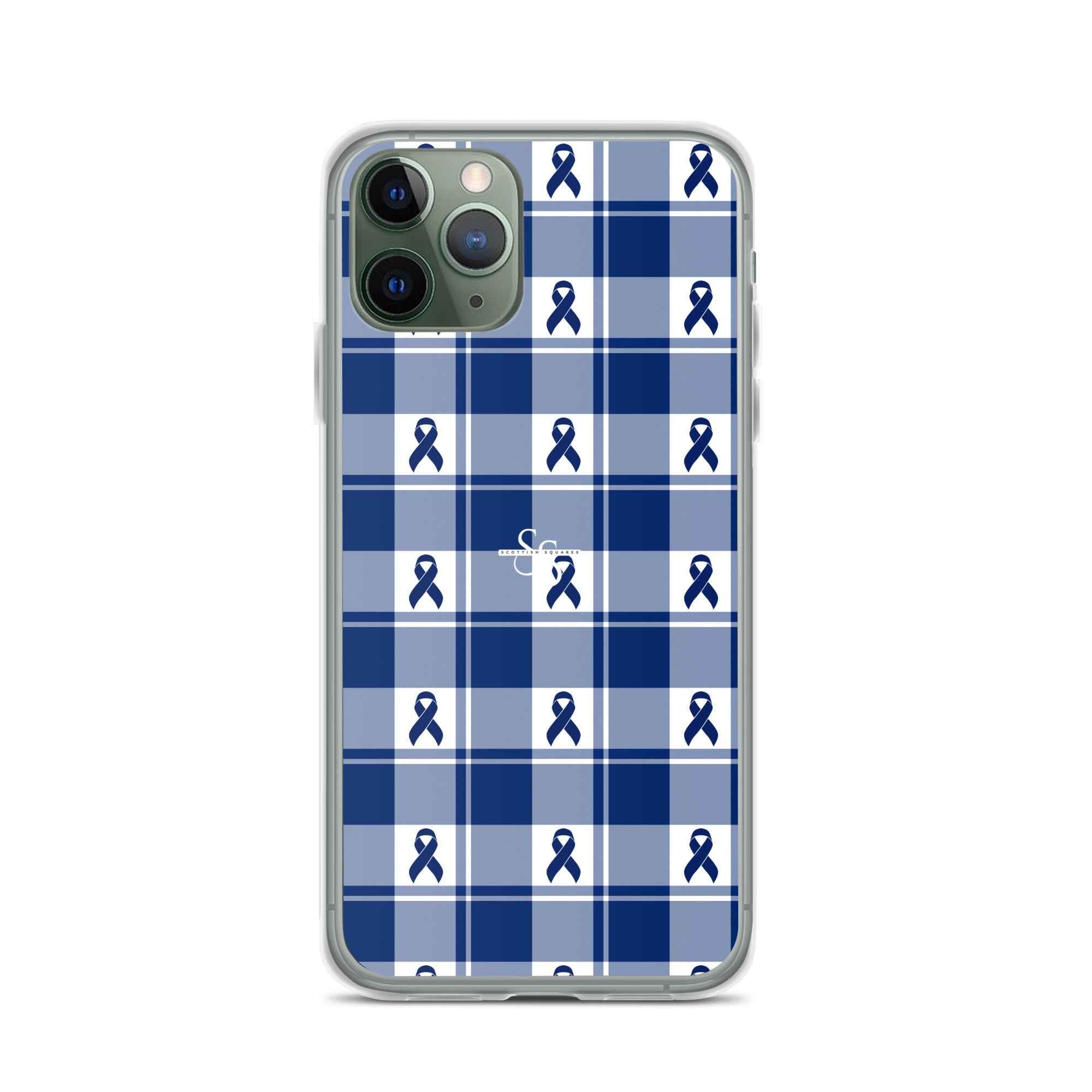 Clear Case for iPhone Colorectal Cancer Awareness Plaid, Dark Blue Ribbon, Supportive Gift - Scottish Squares