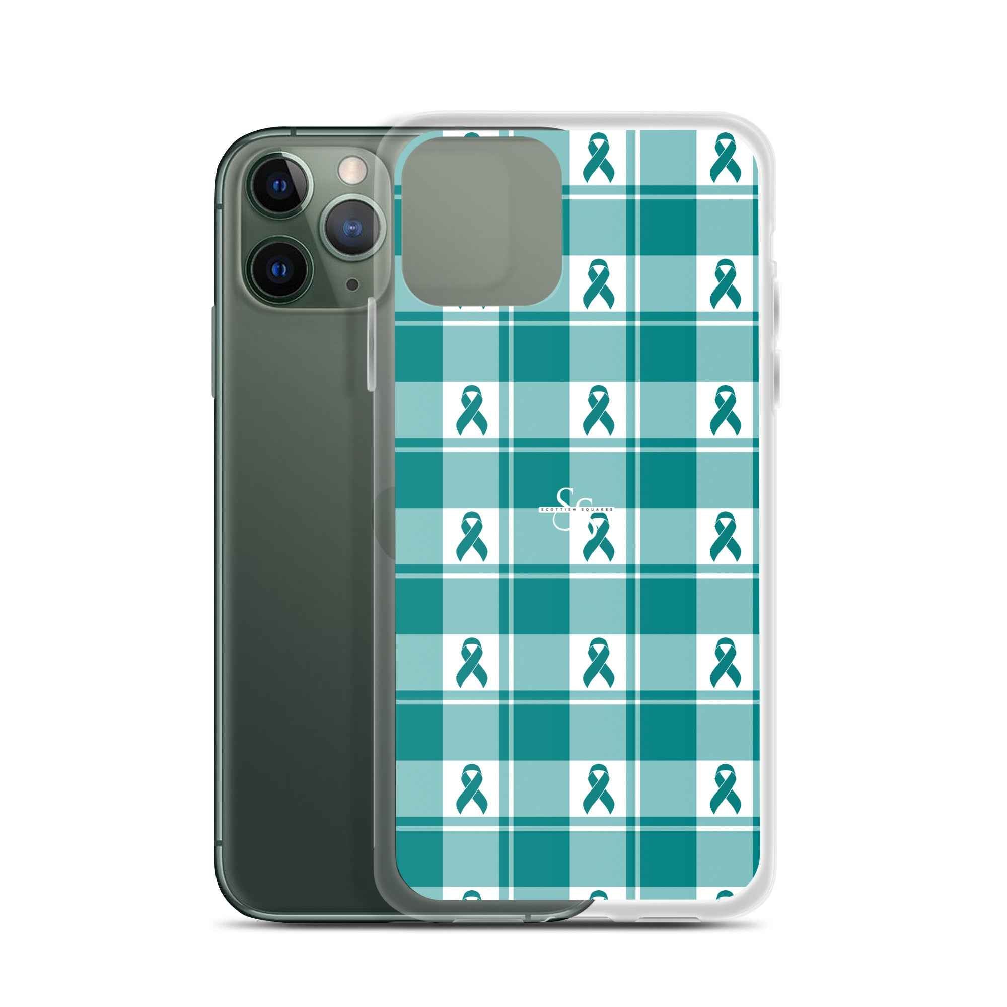 Clear Case for iPhone Cervical Cancer Awareness Plaid, Teal Ribbon, Supportive Gift iPhone 11 Pro - Scottish Squares