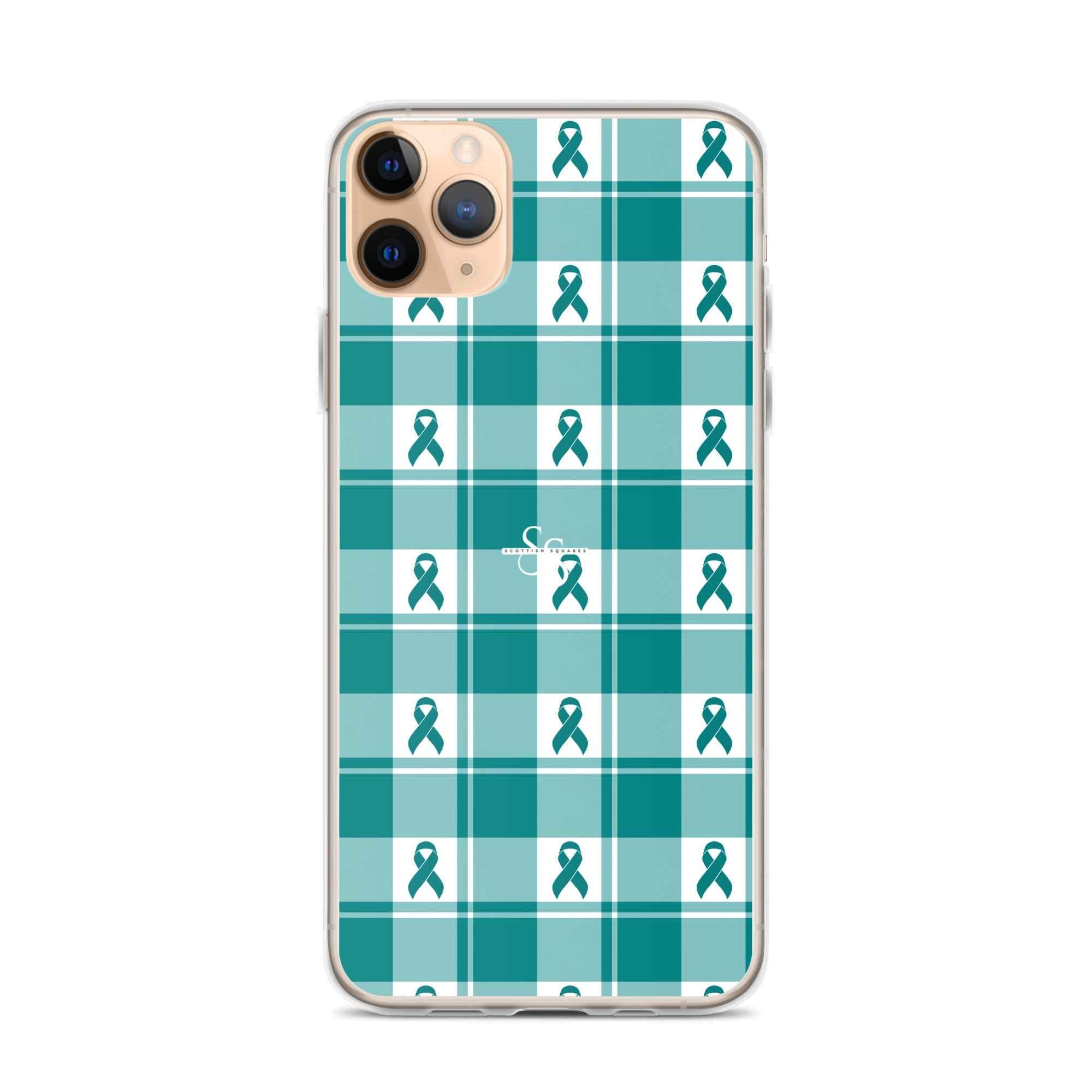 Clear Case for iPhone Cervical Cancer Awareness Plaid, Teal Ribbon, Supportive Gift - Scottish Squares
