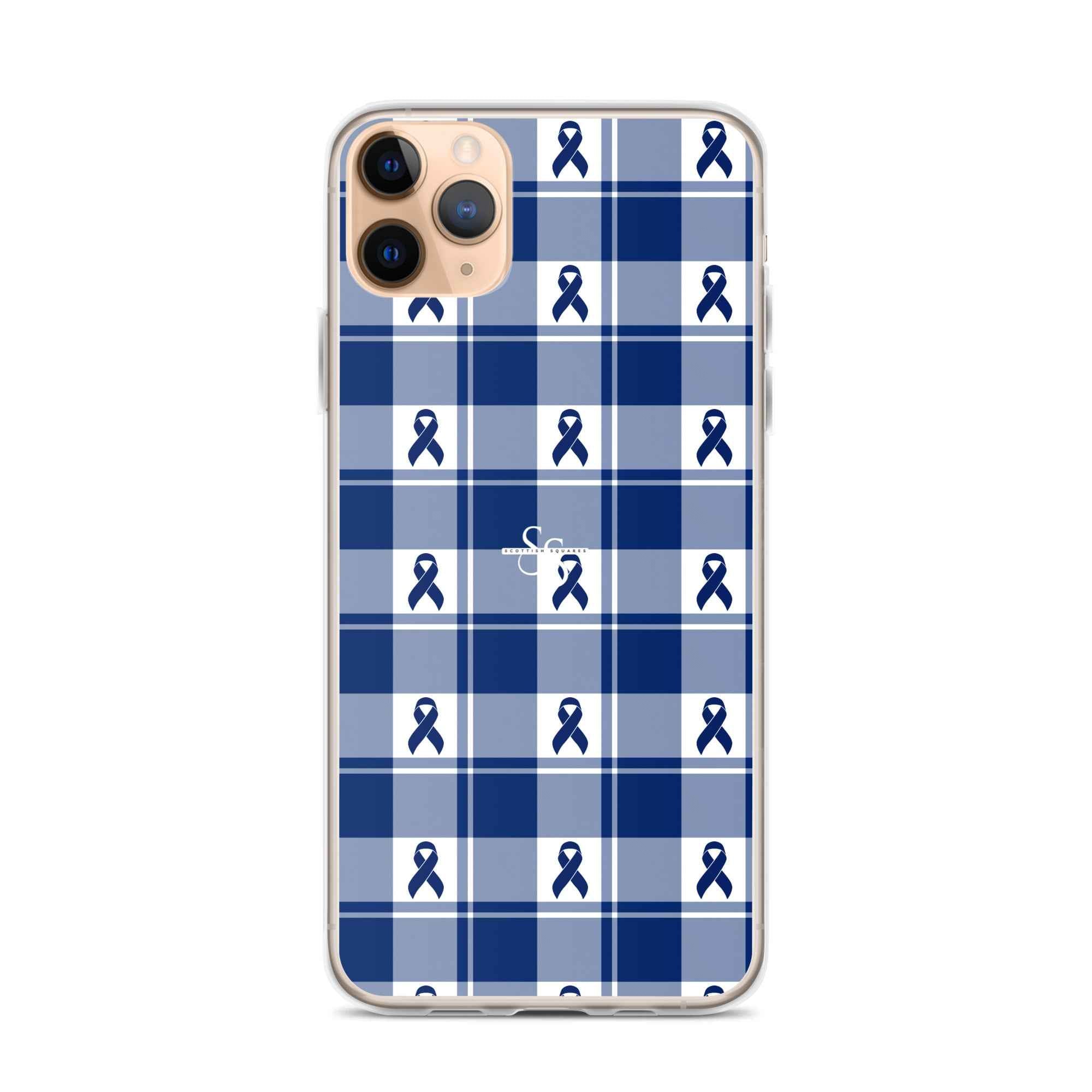 Clear Case for iPhone Colorectal Cancer Awareness Plaid, Dark Blue Ribbon, Supportive Gift - Scottish Squares