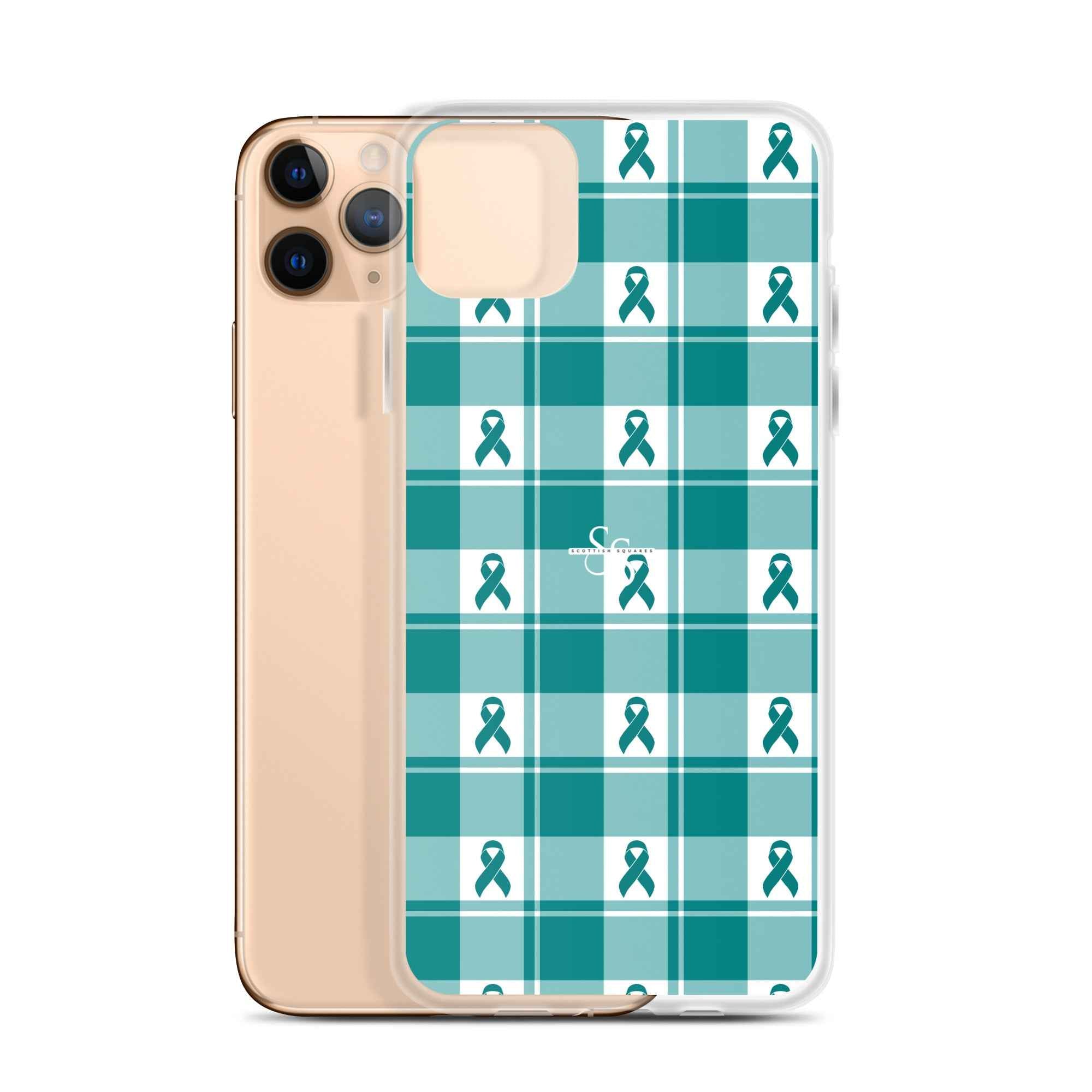 Clear Case for iPhone Cervical Cancer Awareness Plaid, Teal Ribbon, Supportive Gift iPhone 11 Pro Max - Scottish Squares