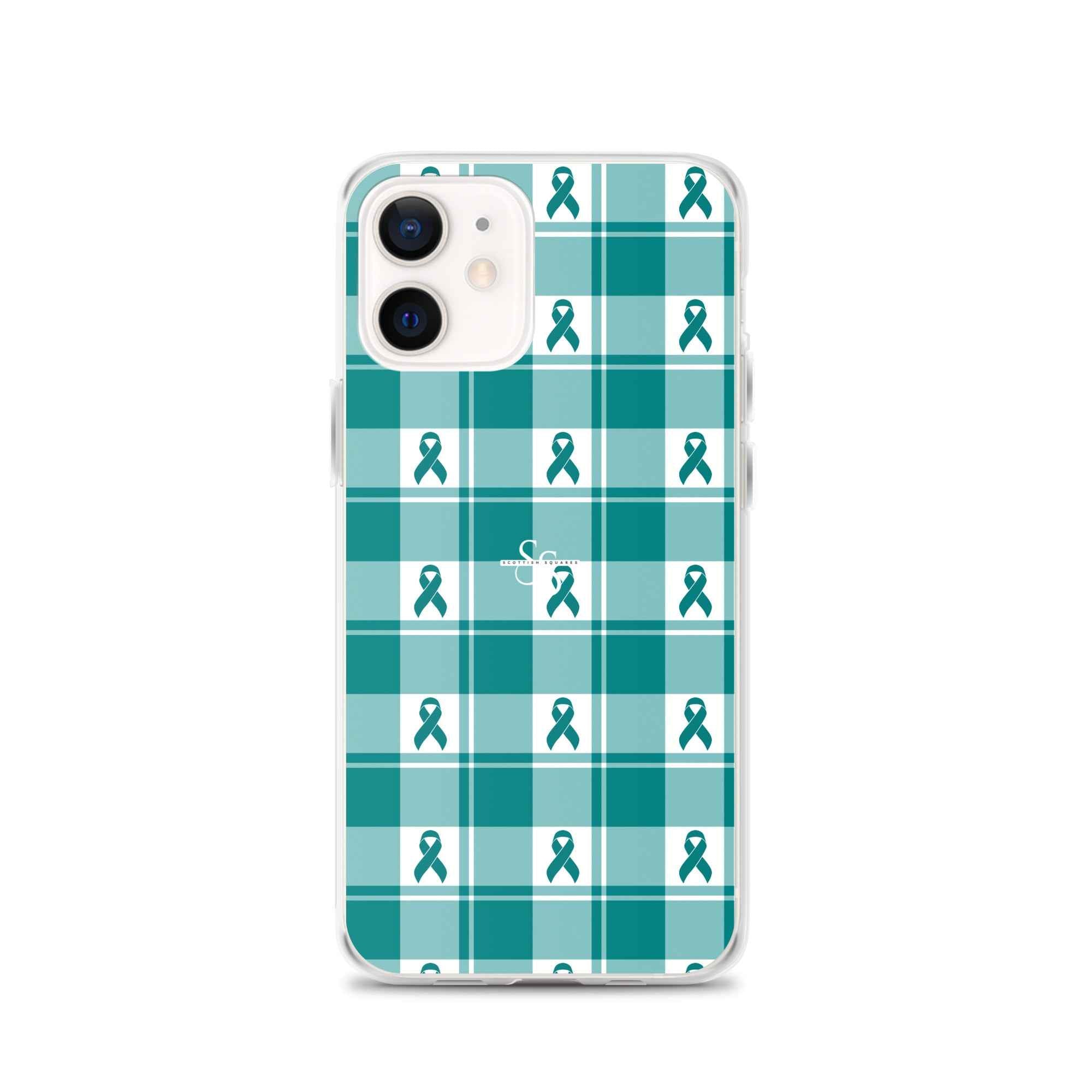 Clear Case for iPhone Cervical Cancer Awareness Plaid, Teal Ribbon, Supportive Gift iPhone 12 - Scottish Squares