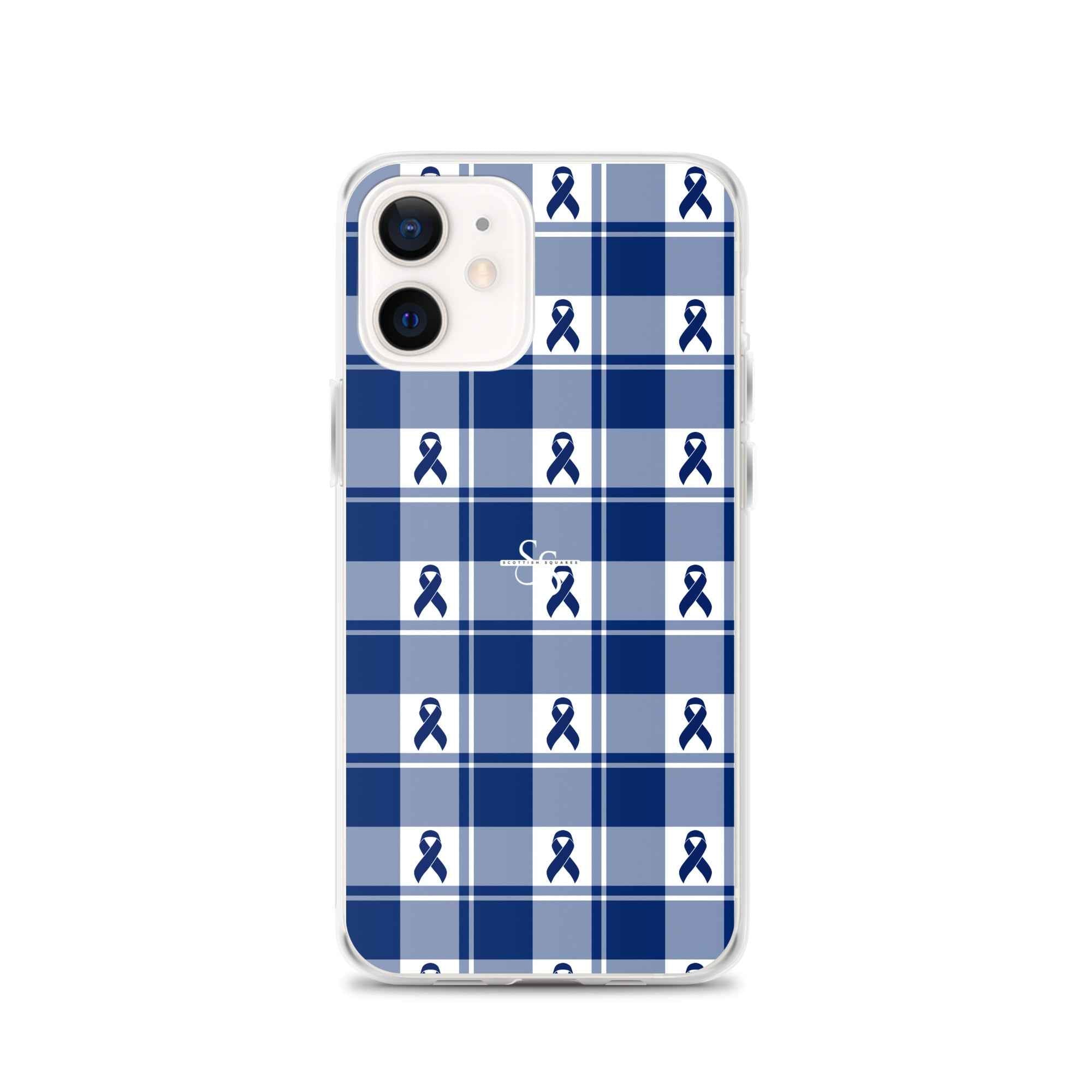 Clear Case for iPhone Colorectal Cancer Awareness Plaid, Dark Blue Ribbon, Supportive Gift iPhone 12 - Scottish Squares