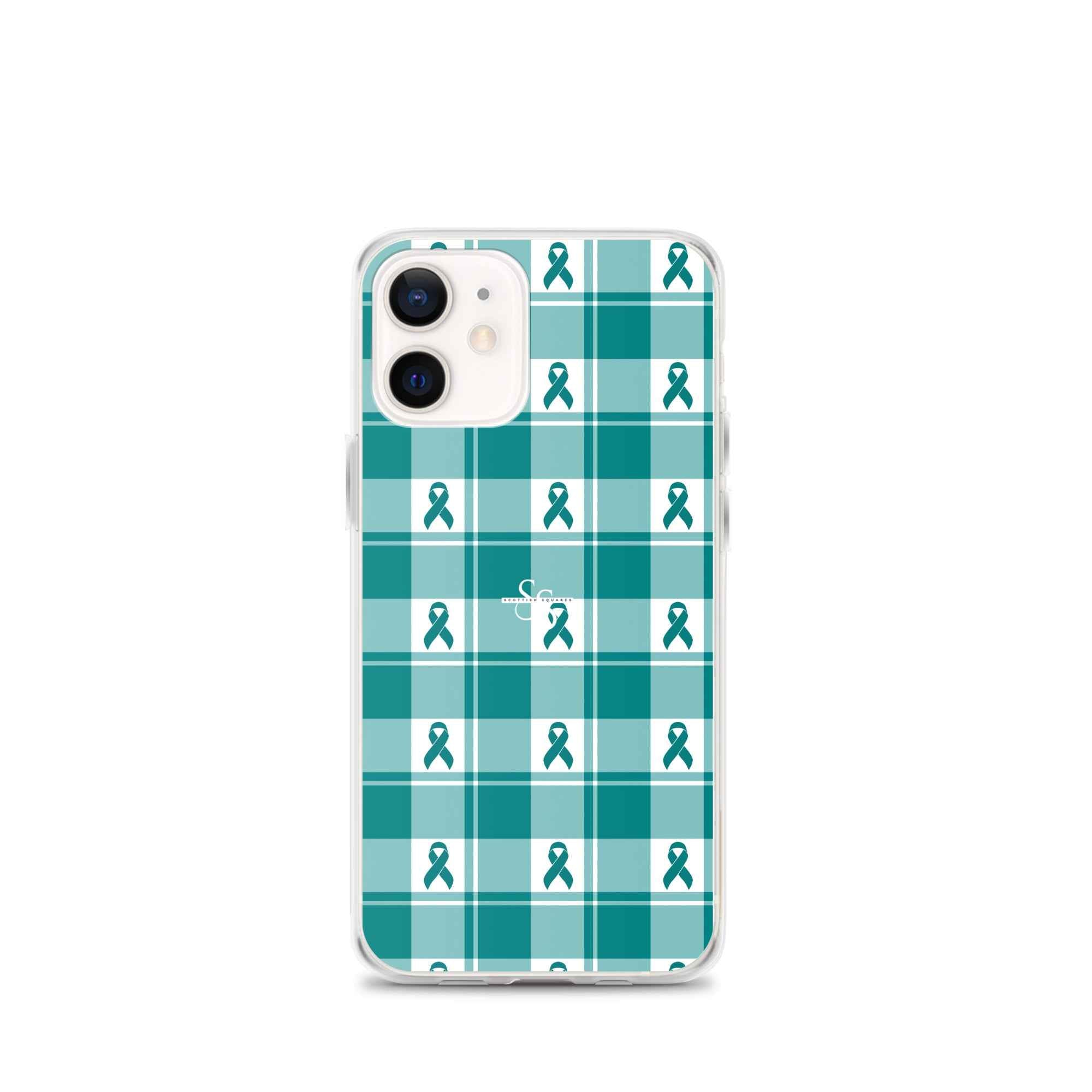 Clear Case for iPhone Cervical Cancer Awareness Plaid, Teal Ribbon, Supportive Gift iPhone 12 mini - Scottish Squares