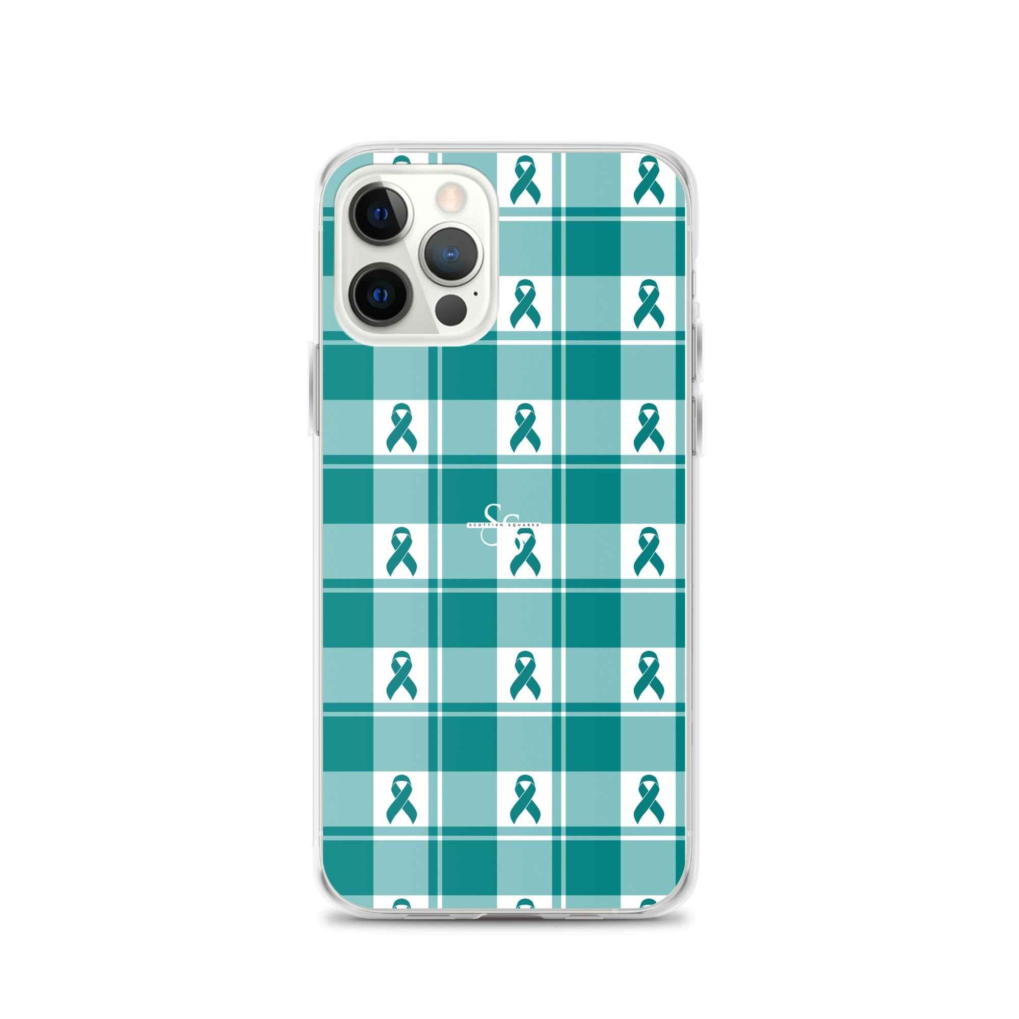 Clear Case for iPhone Cervical Cancer Awareness Plaid, Teal Ribbon, Supportive Gift iPhone 12 Pro - Scottish Squares