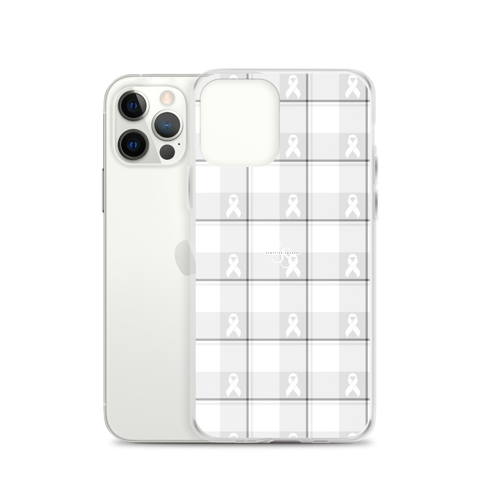 Clear Case for iPhone Lung Cancer Awareness Plaid, White Ribbon, Supportive Gift - Scottish Squares