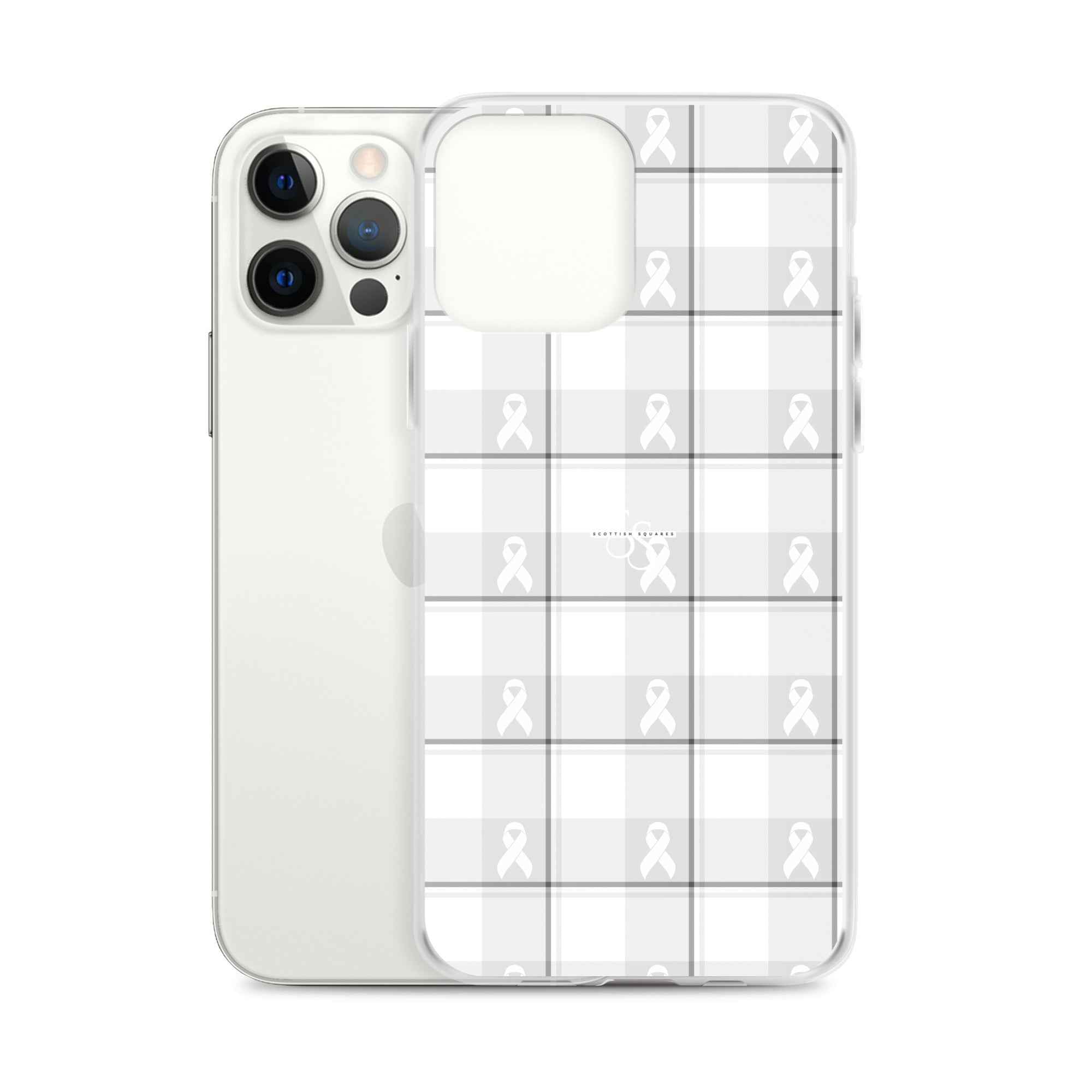 Clear Case for iPhone Lung Cancer Awareness Plaid, White Ribbon, Supportive Gift - Scottish Squares