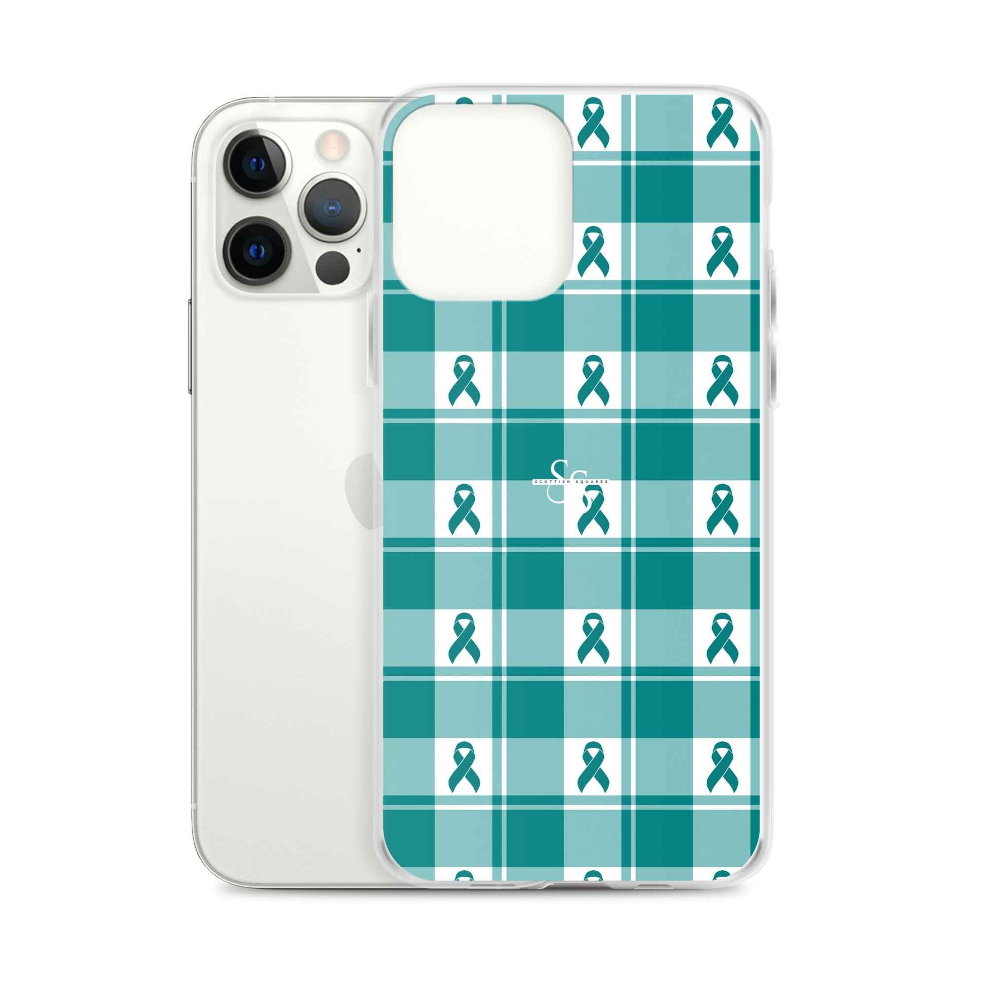Clear Case for iPhone Cervical Cancer Awareness Plaid, Teal Ribbon, Supportive Gift - Scottish Squares