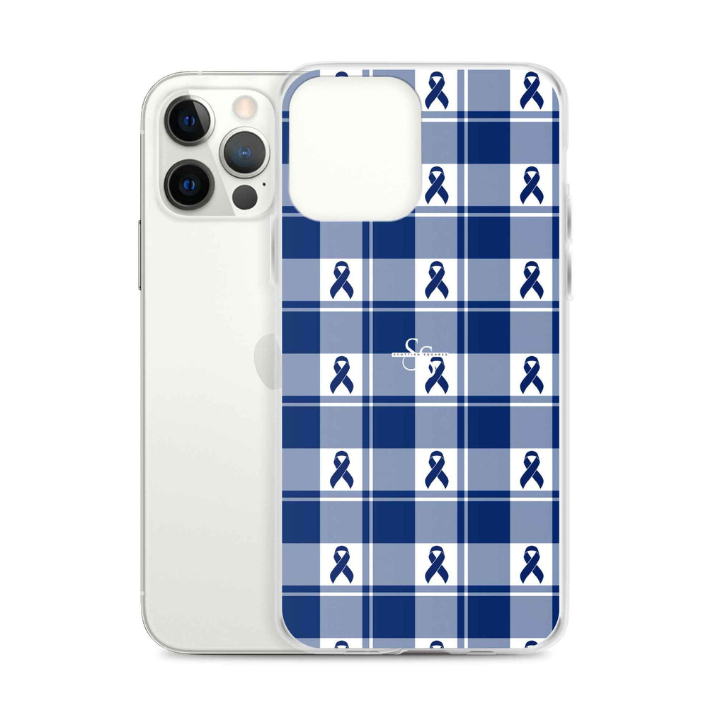 Clear Case for iPhone Colorectal Cancer Awareness Plaid, Dark Blue Ribbon, Supportive Gift - Scottish Squares