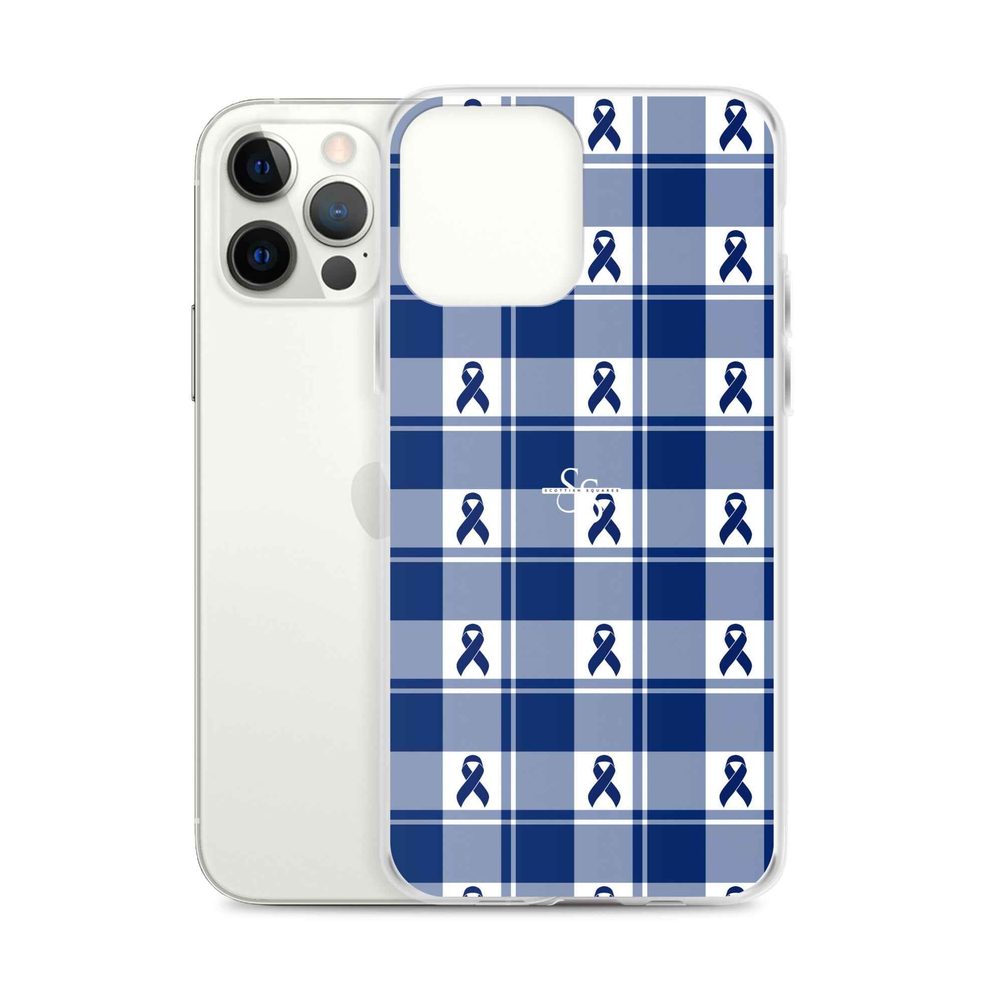 Clear Case for iPhone Colorectal Cancer Awareness Plaid, Dark Blue Ribbon, Supportive Gift - Scottish Squares