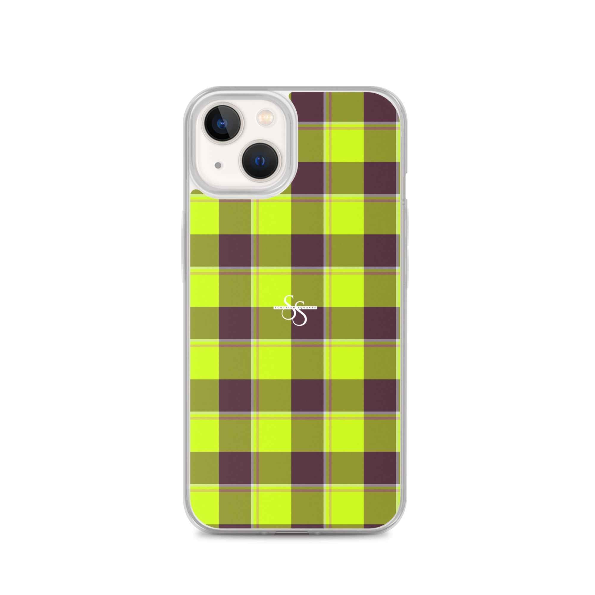 Clear Case for iPhone Electric Lime and Livid Brown Plaid iPhone 13 - Scottish Squares