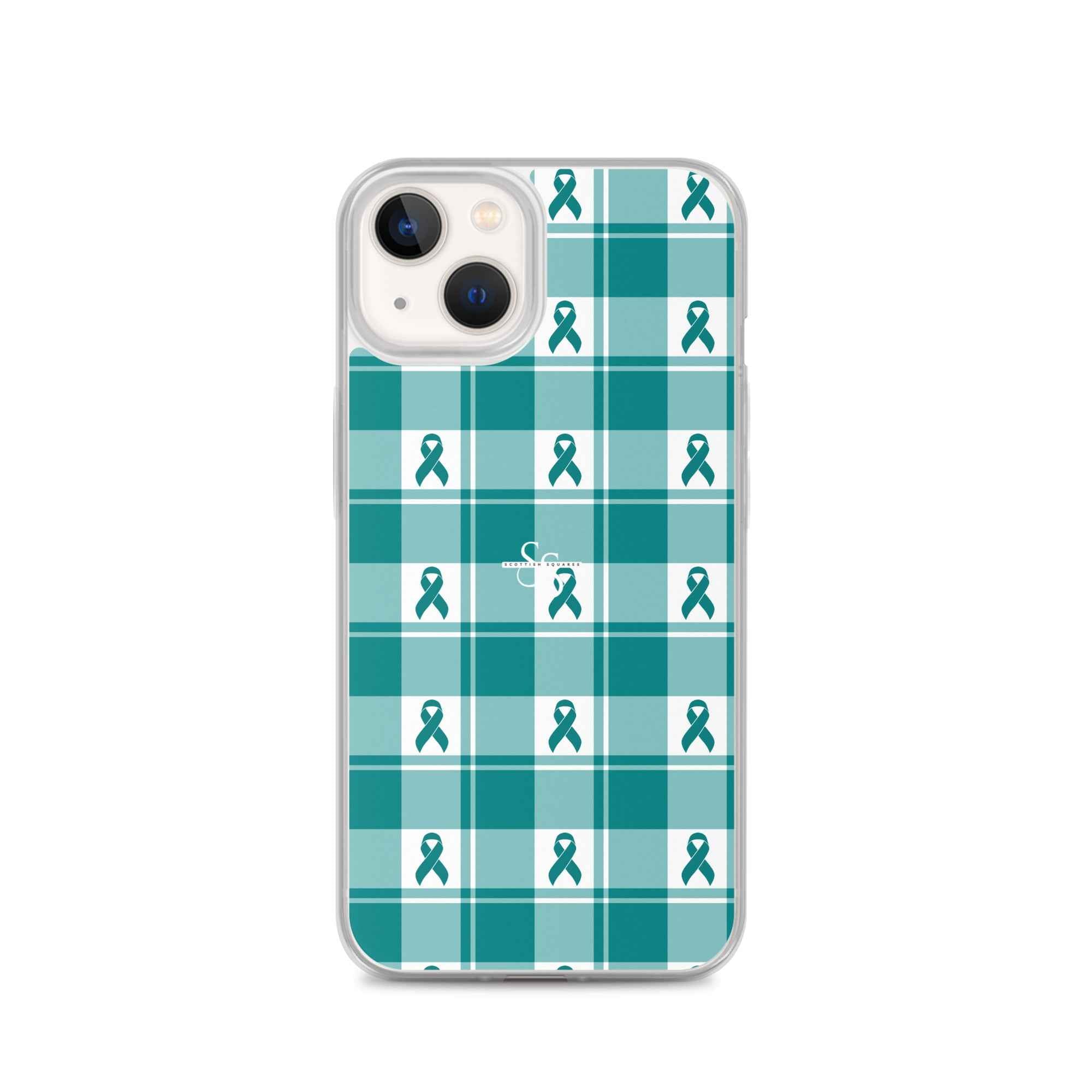 Clear Case for iPhone Cervical Cancer Awareness Plaid, Teal Ribbon, Supportive Gift iPhone 13 - Scottish Squares