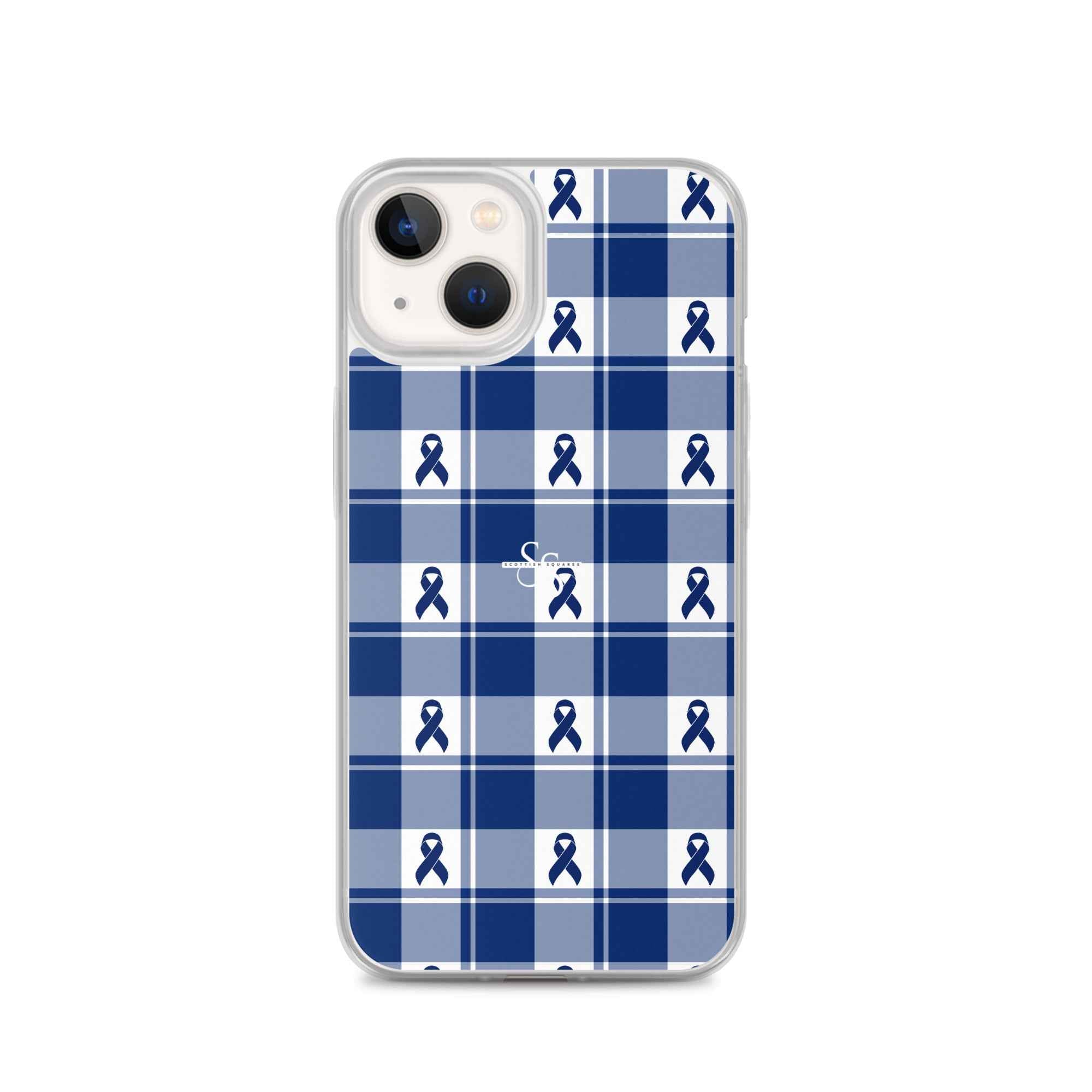 Clear Case for iPhone Colorectal Cancer Awareness Plaid, Dark Blue Ribbon, Supportive Gift iPhone 13 - Scottish Squares