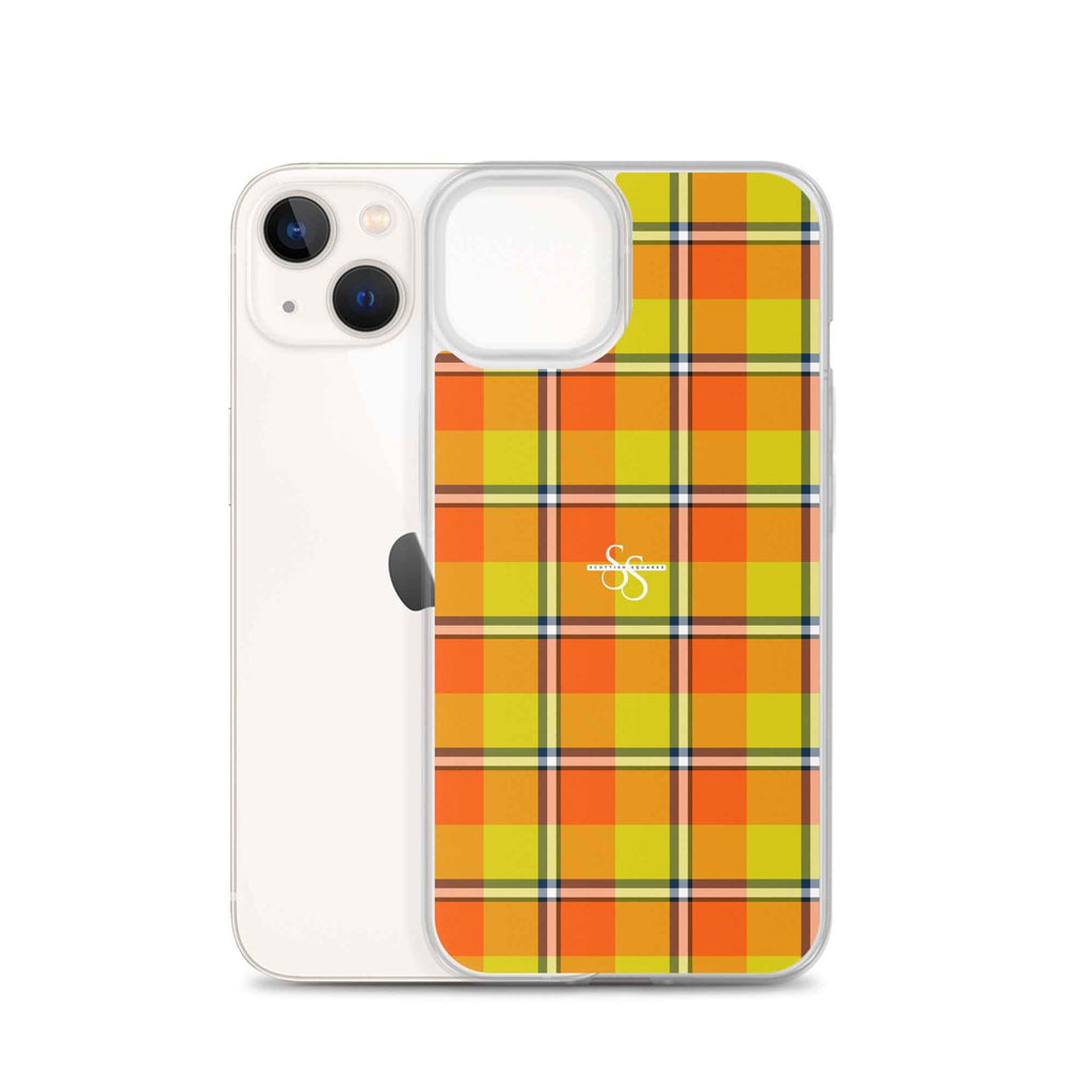 Clear Case for iPhone Blaze Orange and Bird Flower Plaid - Scottish Squares