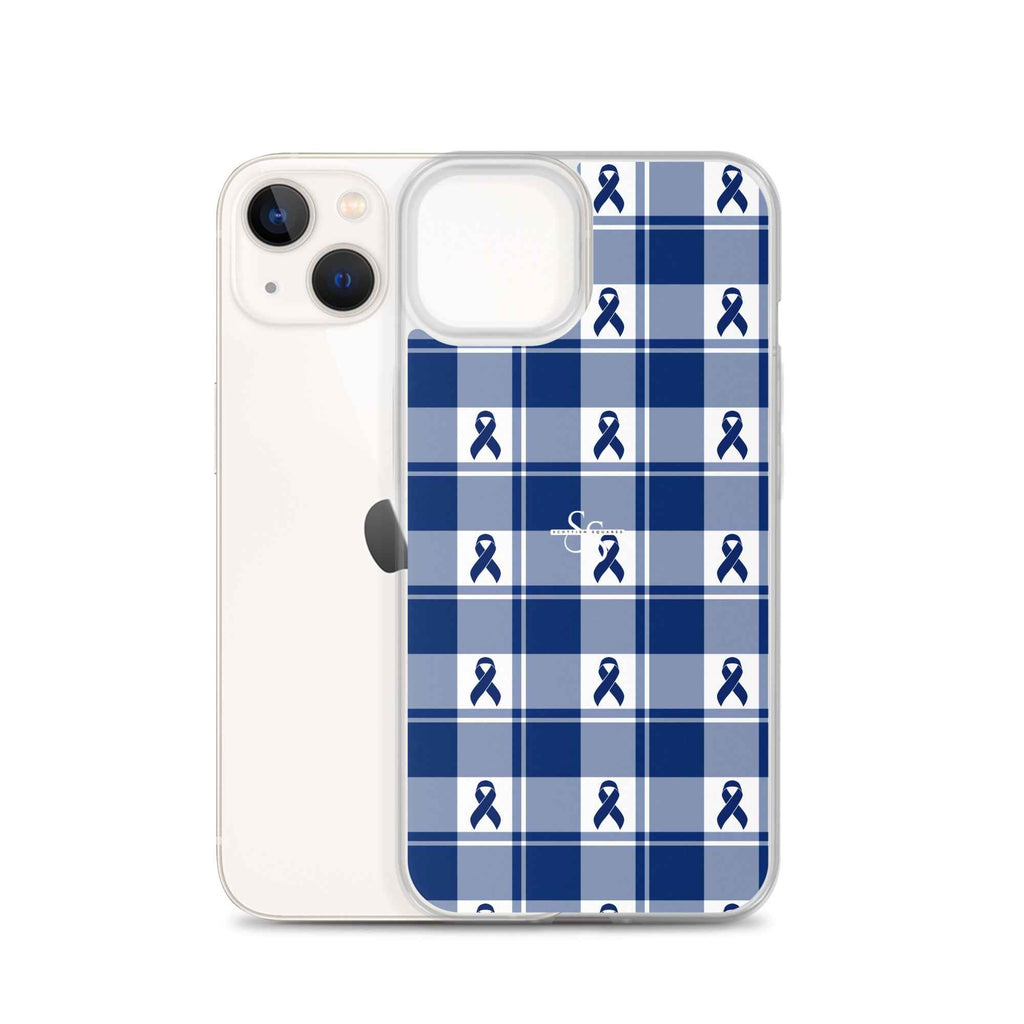 Clear Case for iPhone Colorectal Cancer Awareness Plaid, Dark Blue Ribbon, Supportive Gift - Scottish Squares