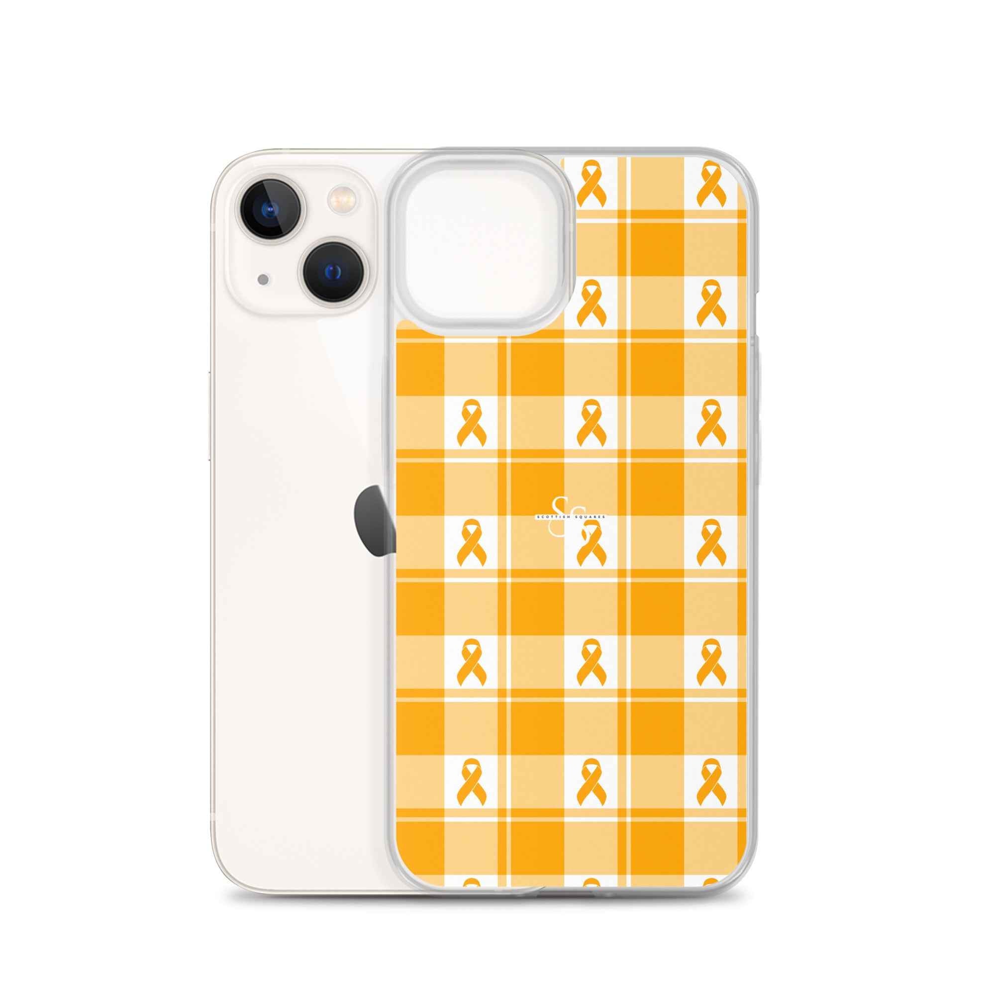 Clear Case for iPhone Kidney Cancer Awareness Plaid, Orange Ribbon, Supportive Gift - Scottish Squares