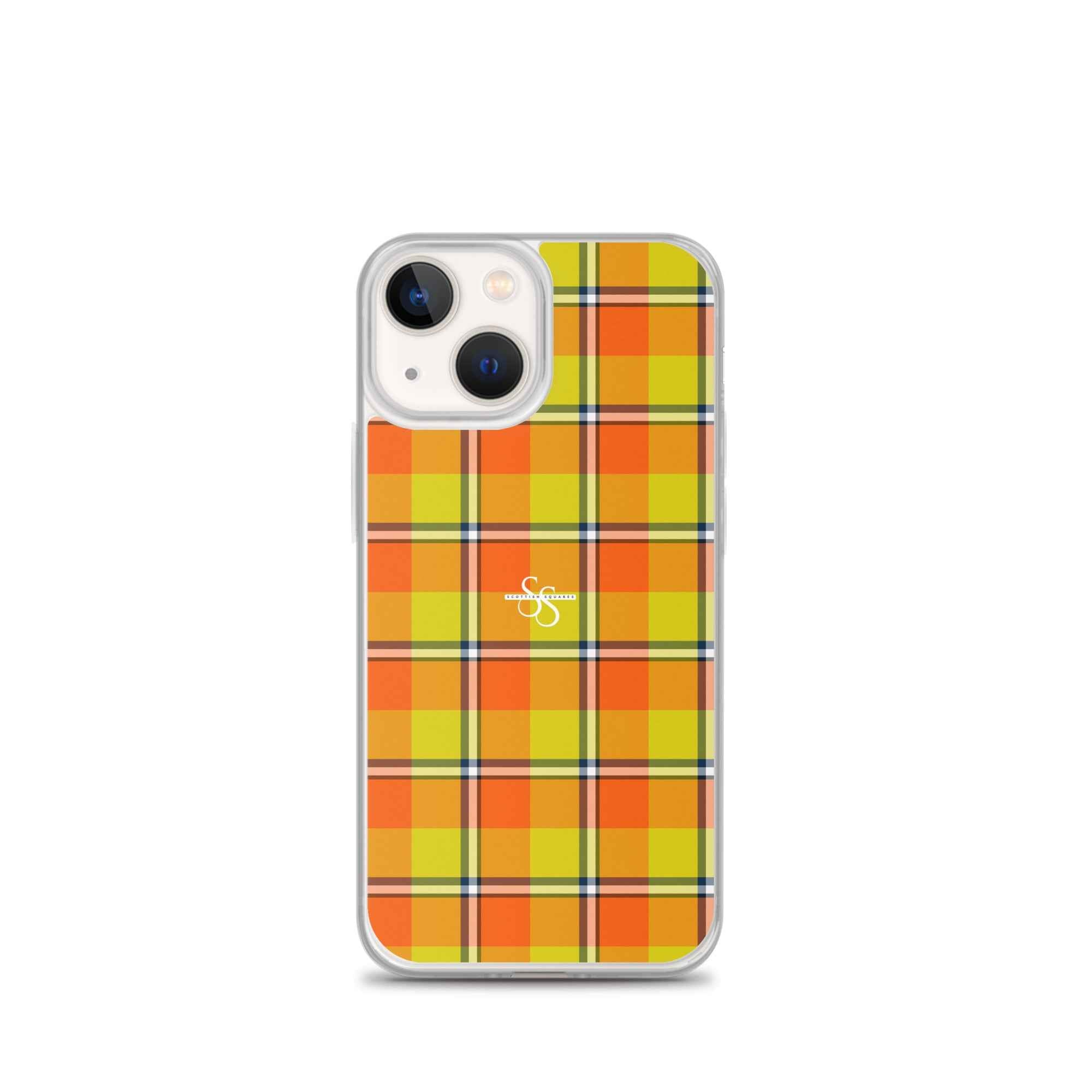 Clear Case for iPhone Blaze Orange and Bird Flower Plaid iPhone 13 mini - Scottish Squares
