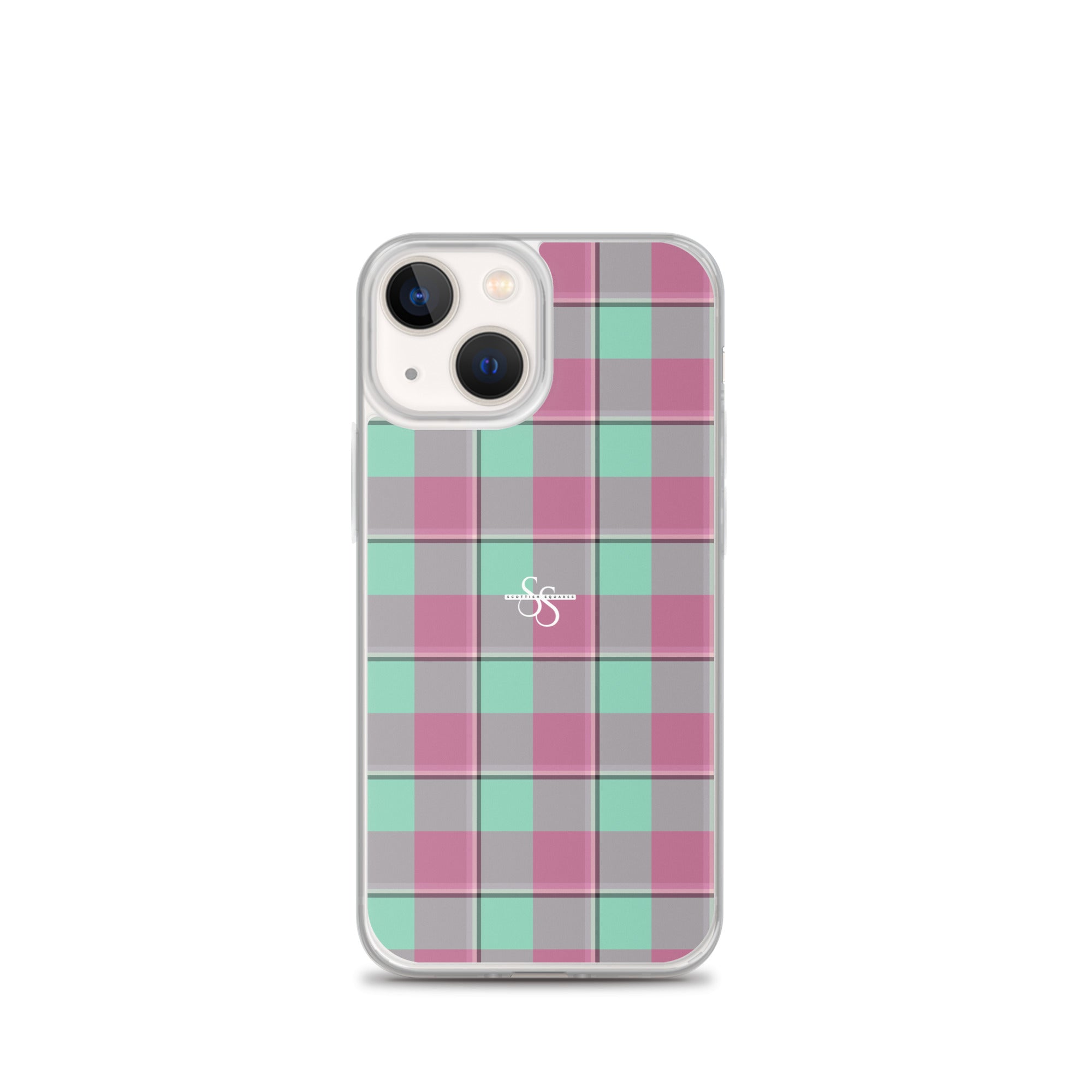 Clear Case for iPhone Vista Blue and Turkish Rose Plaid iPhone 13 mini - Scottish Squares