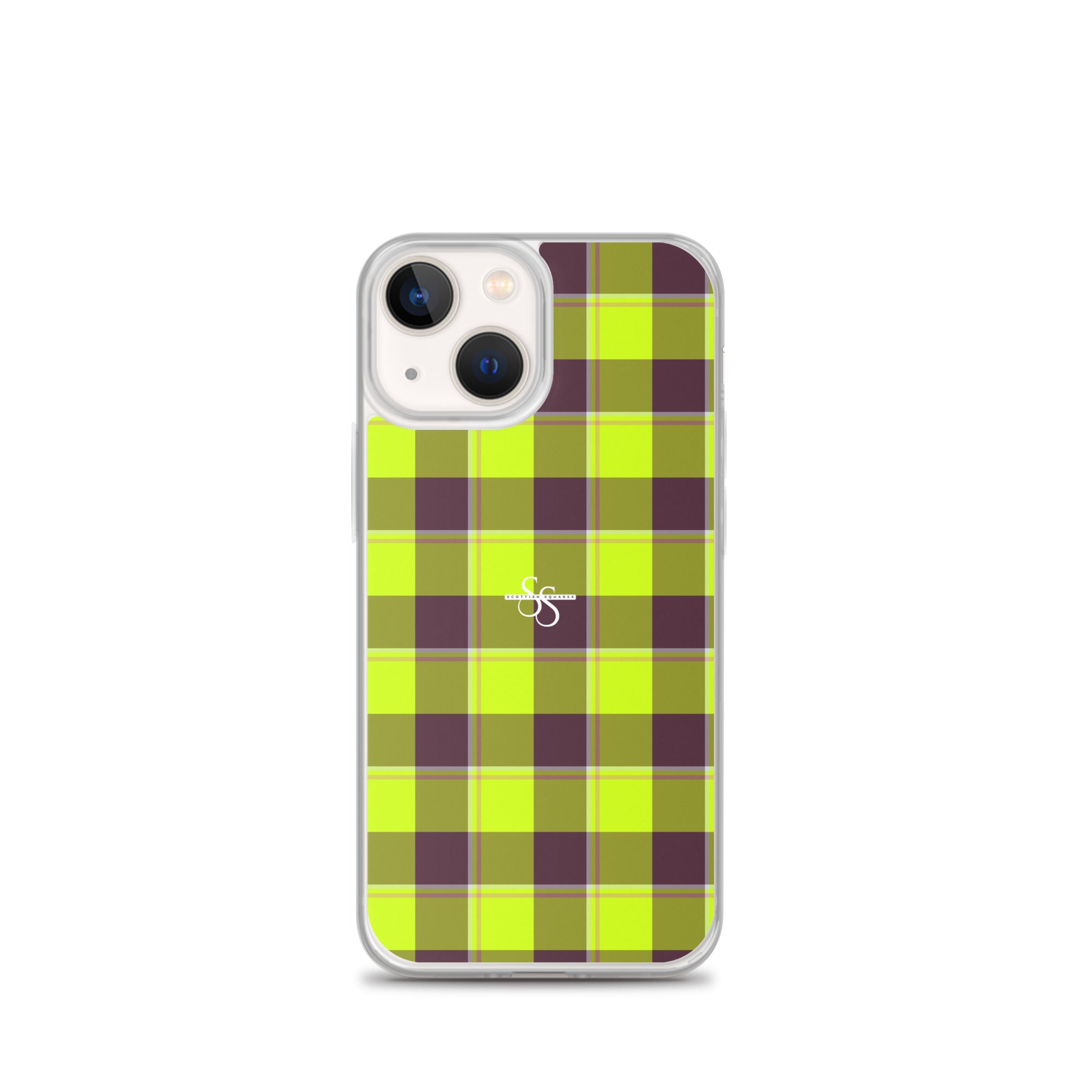 Clear Case for iPhone Electric Lime and Livid Brown Plaid iPhone 13 mini - Scottish Squares